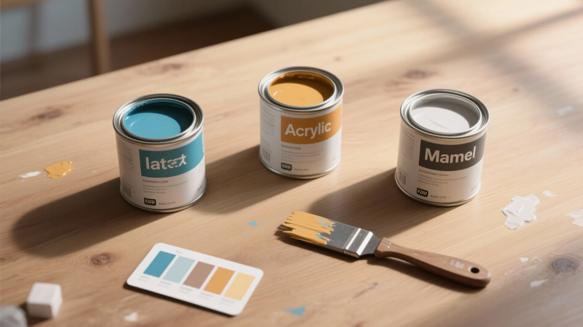 Three open paint cans with blue yellow and white colors on a wooden table surface