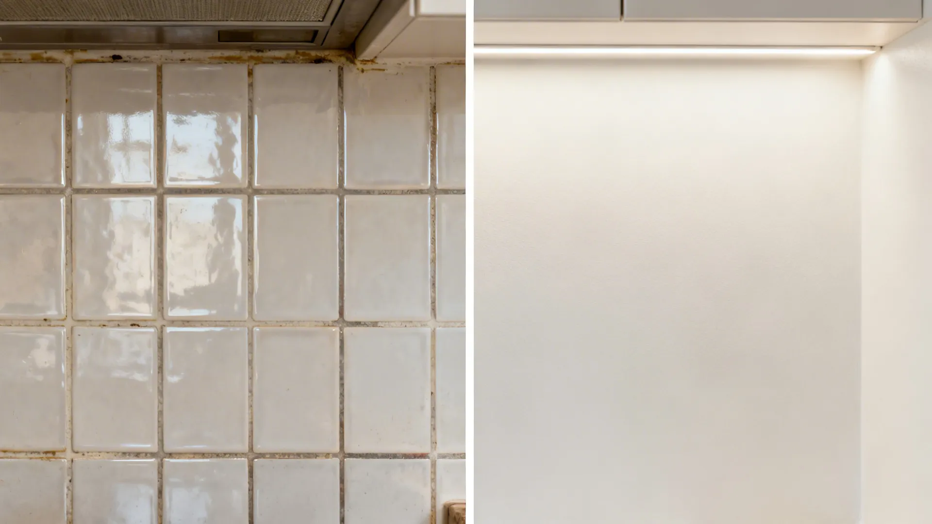 Before and after comparison showing old kitchen wall tiles replaced by a smooth white wall