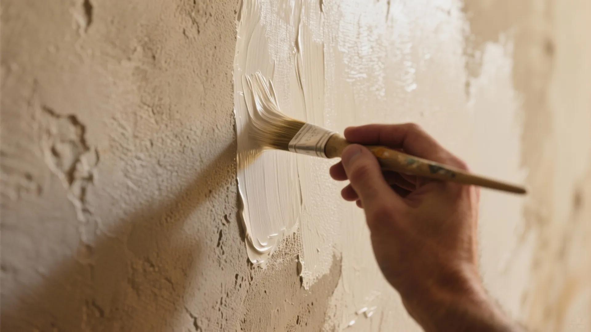 Person using a small brush to apply white paint on a textured wall during renovation