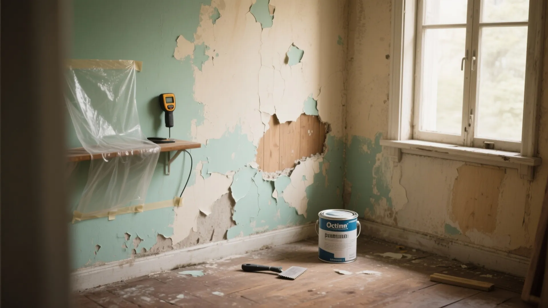 Room undergoing renovation with peeling paint, wall repair tools, paint bucket, and a large window