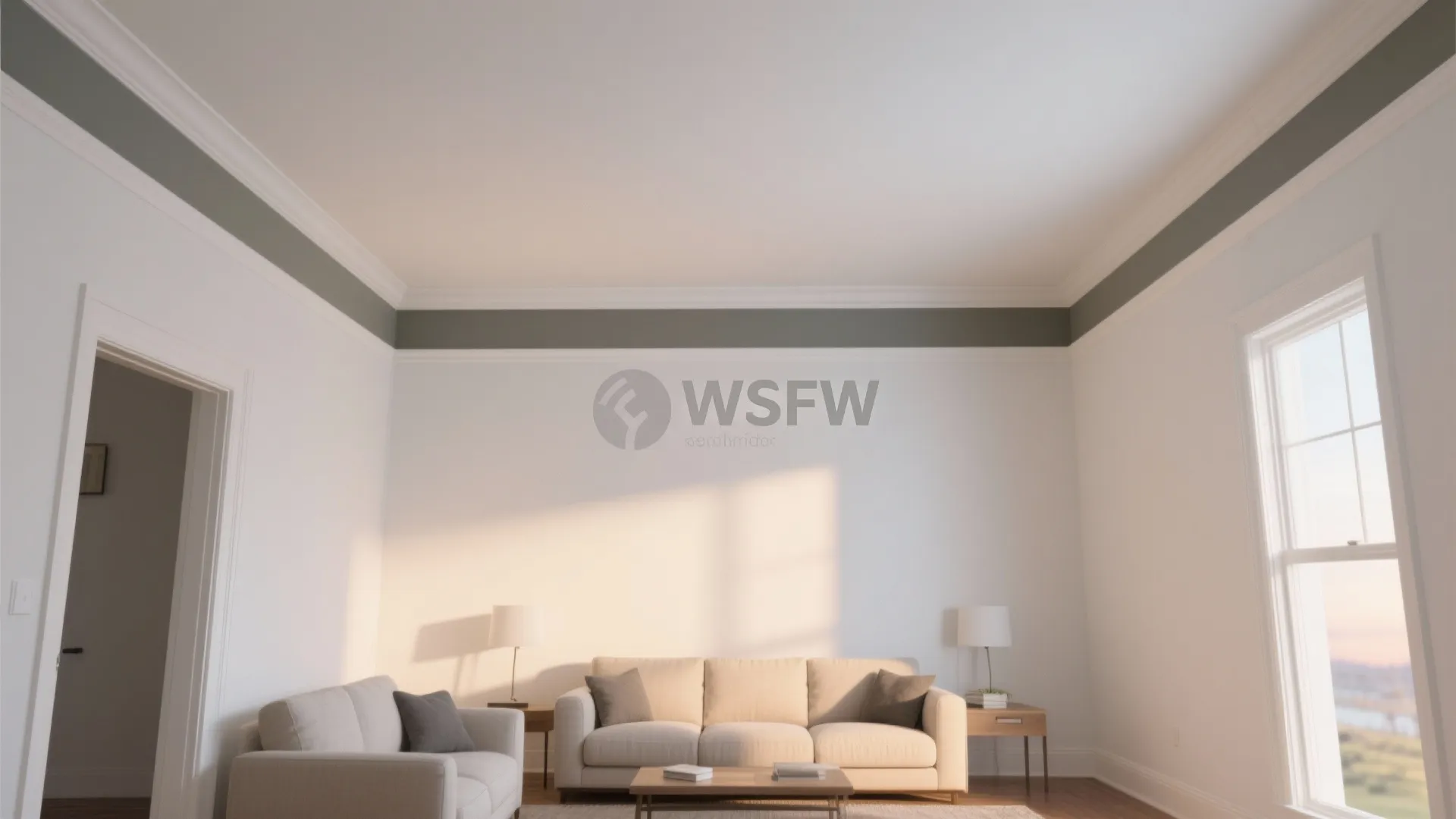 Living room with white walls a dark green painted border under the ceiling and sofa