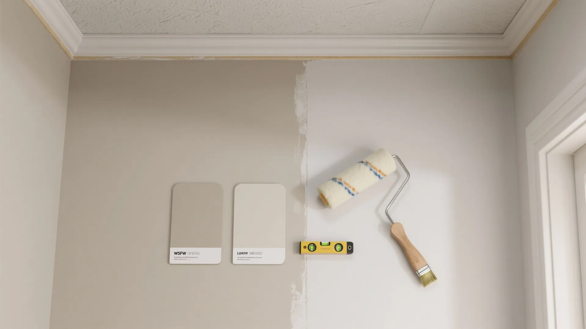 Wall painting process with paint roller and level tool comparing two different shades of beige