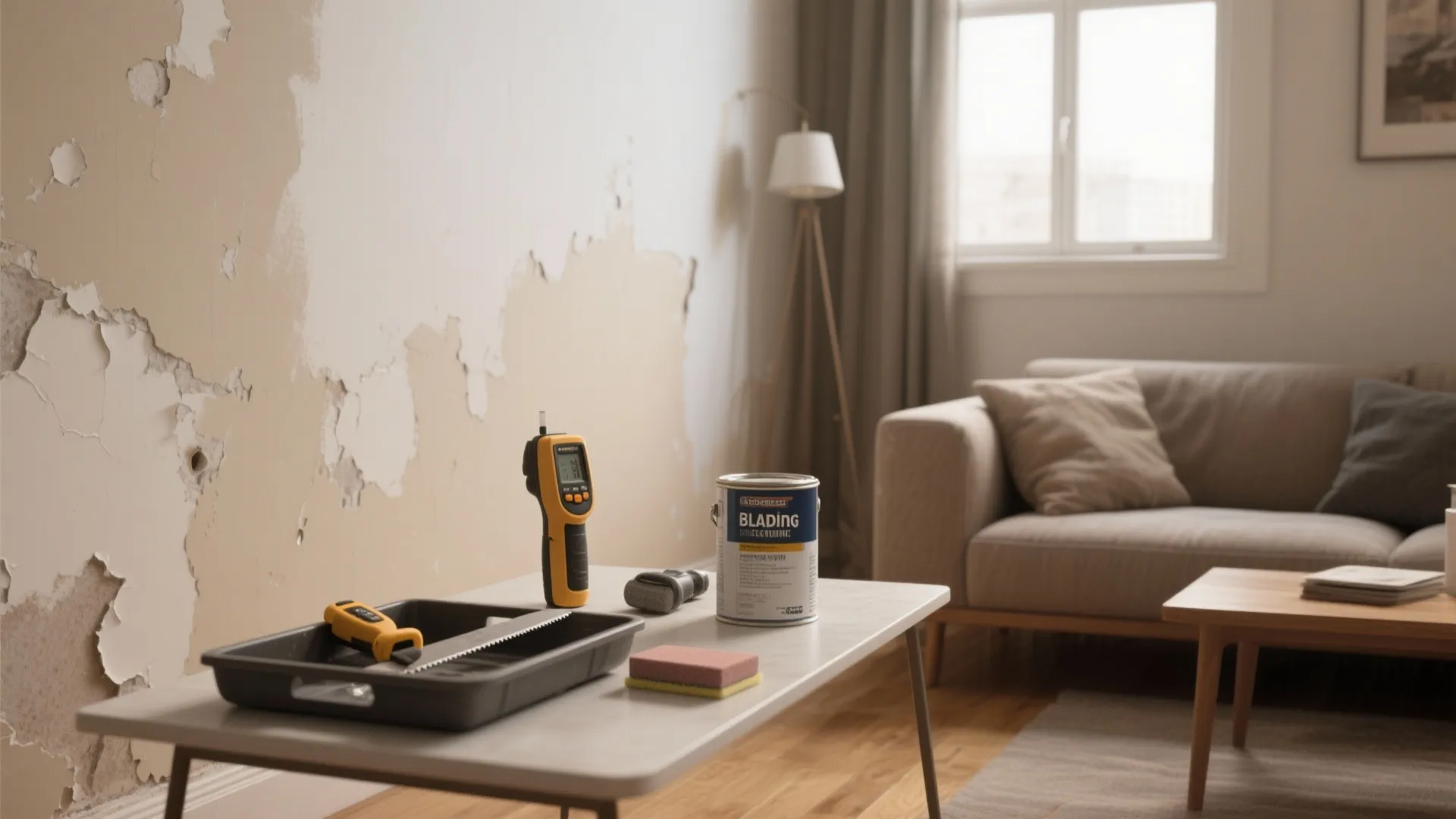 Living room wall with peeling paint next to table holding moisture meter and paint can