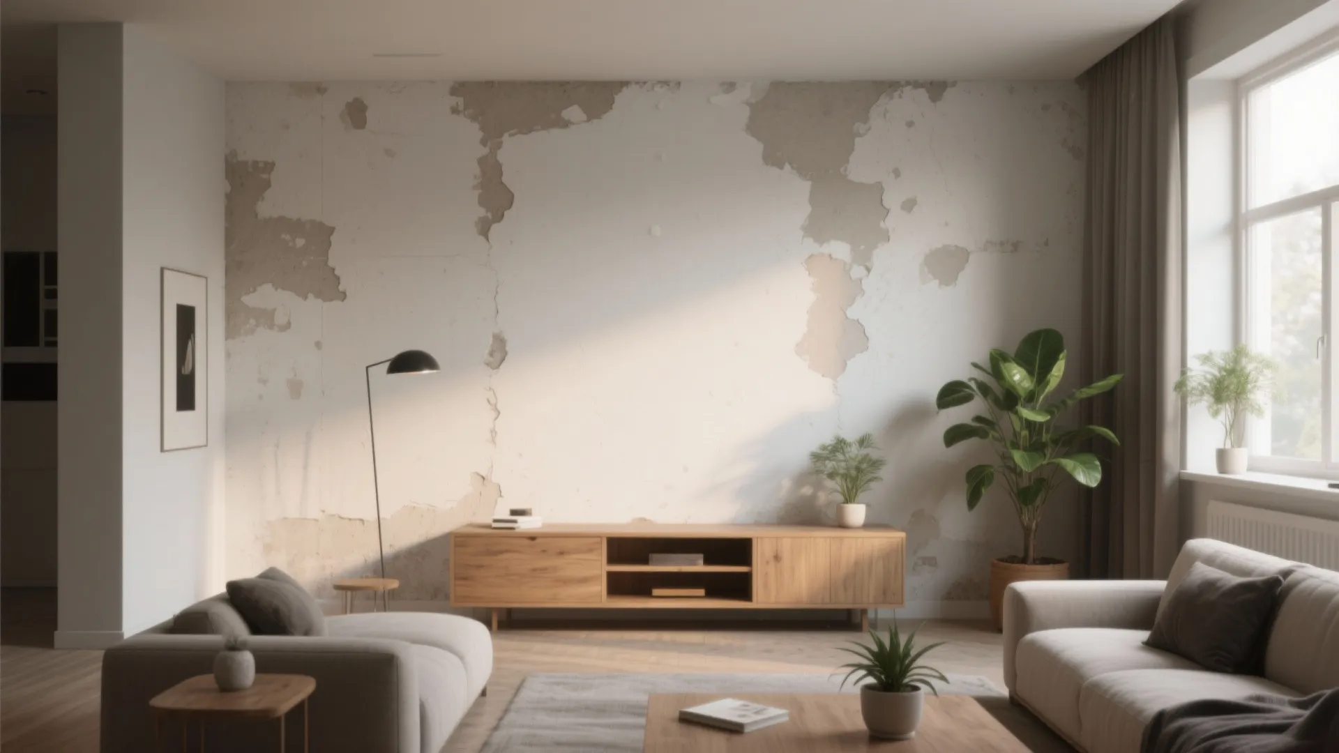 Modern living room featuring a damaged white wall with peeling paint behind a wooden TV cabinet