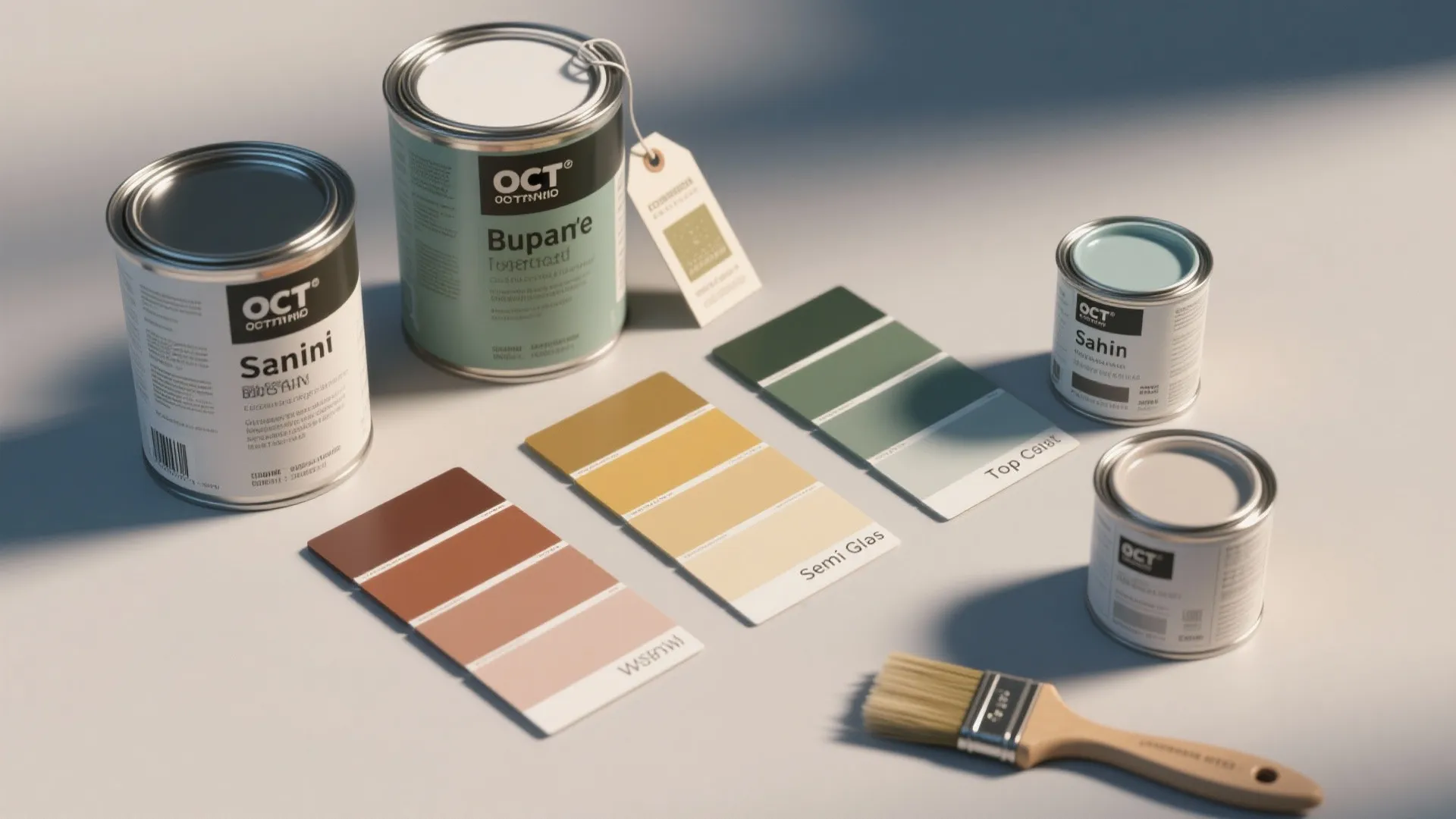 Several paint cans with colorful paint cards and a wooden brush on a light background