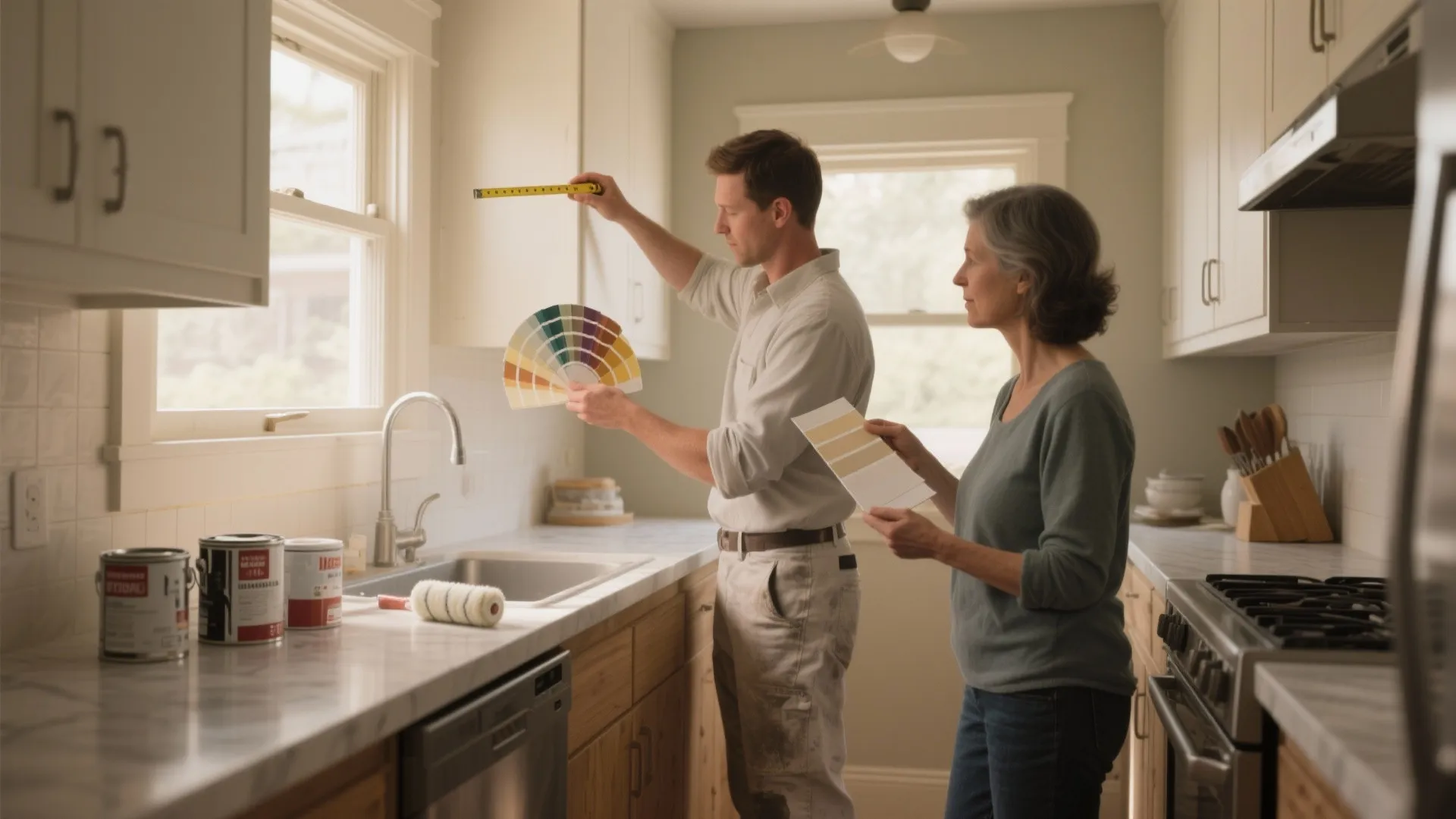 Man and woman choosing kitchen wall colors with paint swatches and measuring tape in renovated home