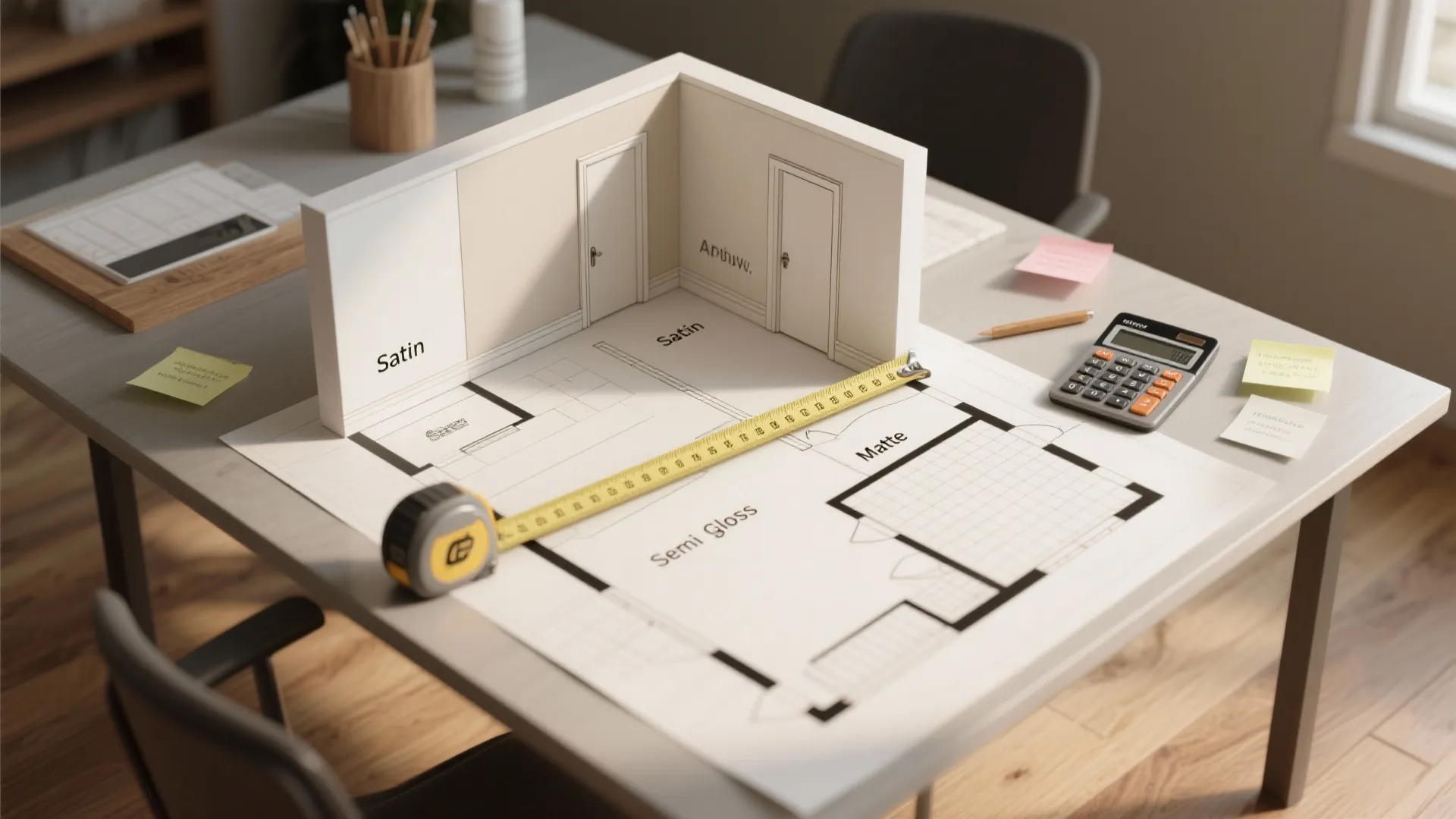 3D room model on desk with floor plan paper measuring tape calculator and paint finish labels