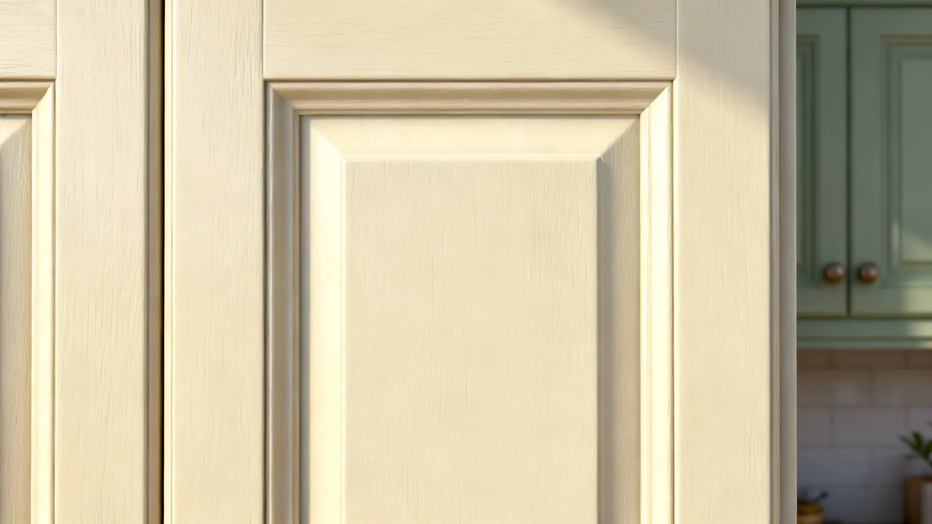 Close-up of freshly painted light cream cabinet with contrasting island color in background