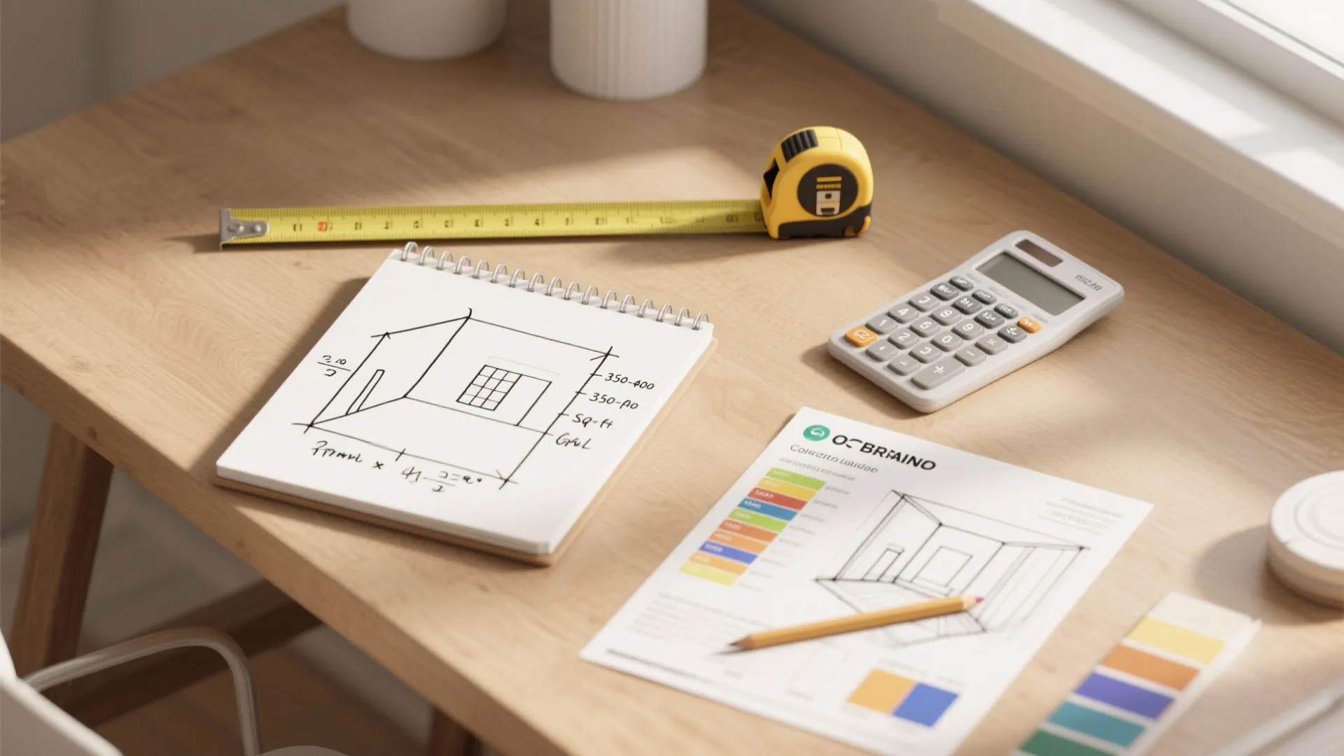 Top-down view of tape measure, calculator and sketch showing how to calculate paint needed for room perimeter and height.