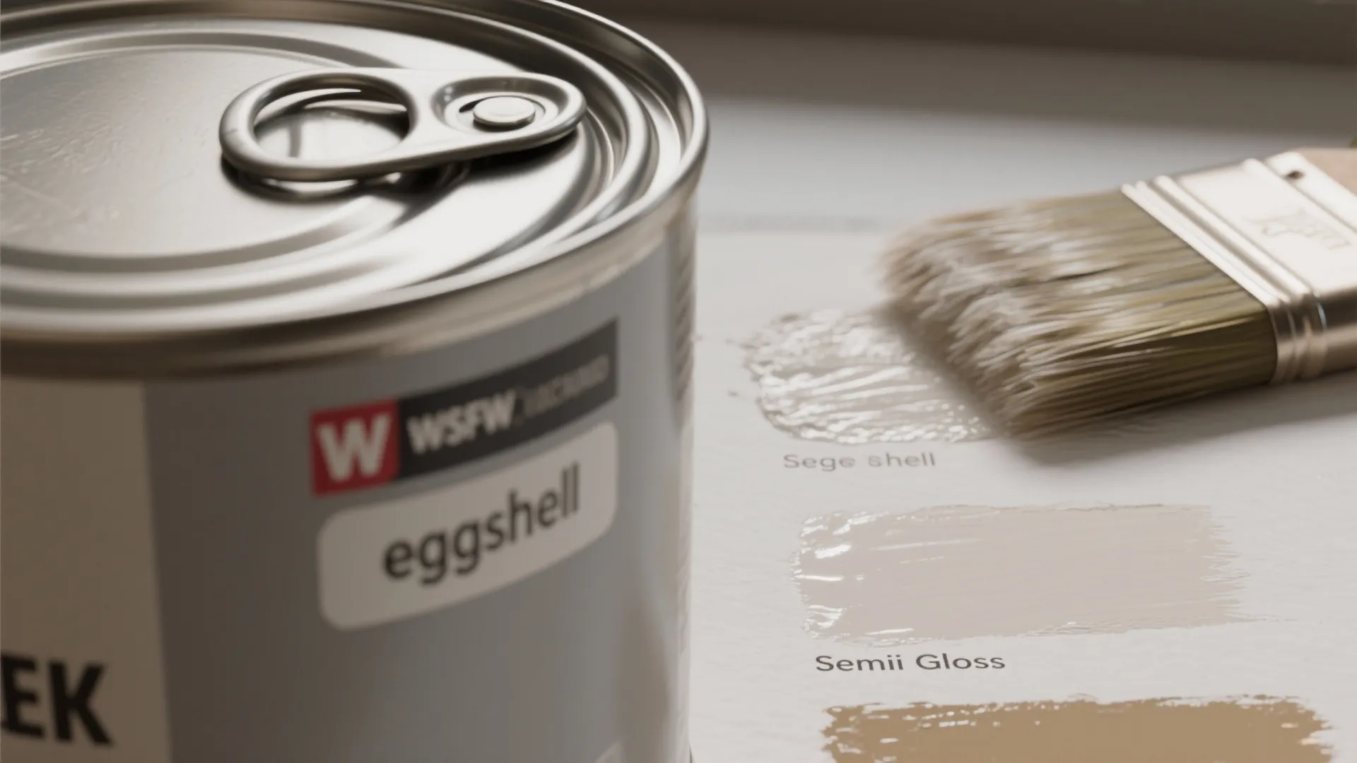 Macro view of a paint can lid and brush with eggshell and semi-gloss swatches showing texture and sheen.