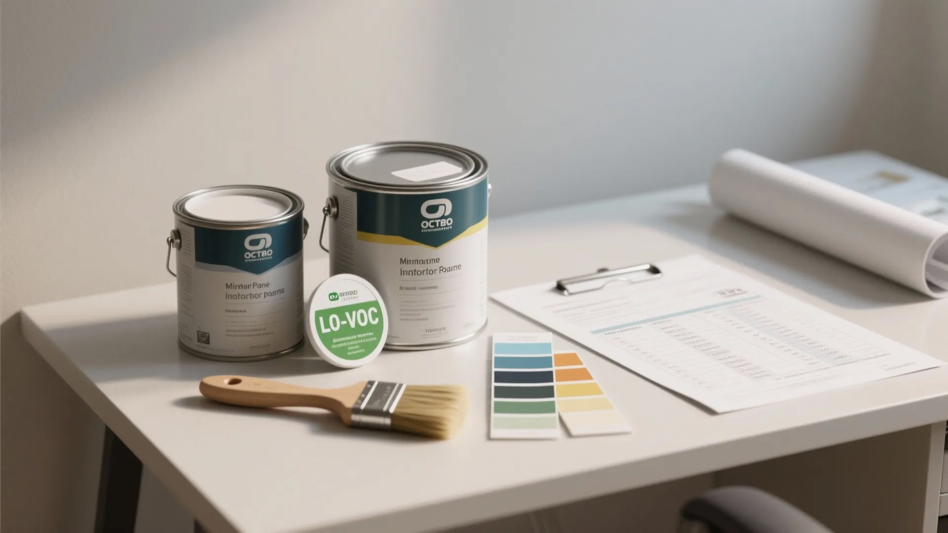 Two paint cans on white desk with wood brush color swatches and room design documents