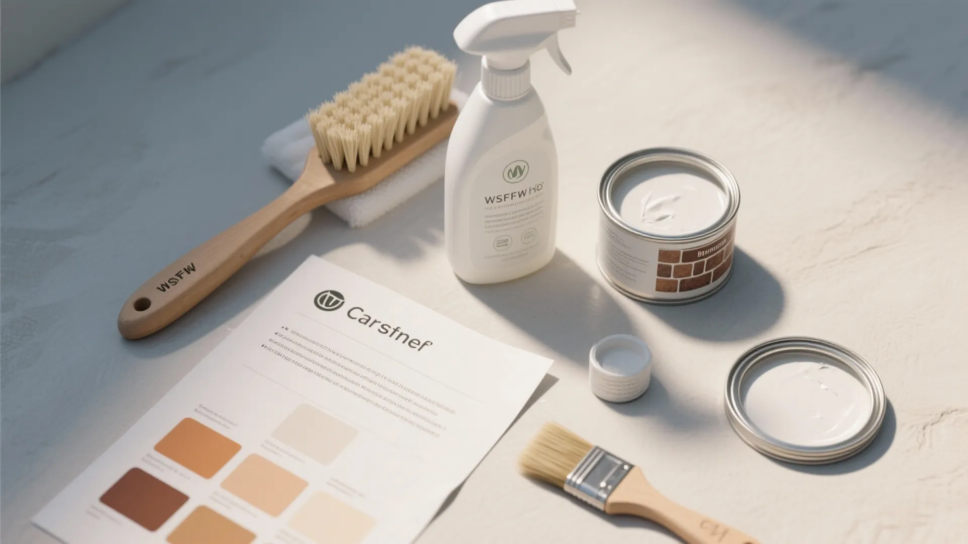 Top-down flatlay of cleaning supplies, touch-up paint and swatches for painted brick maintenance.