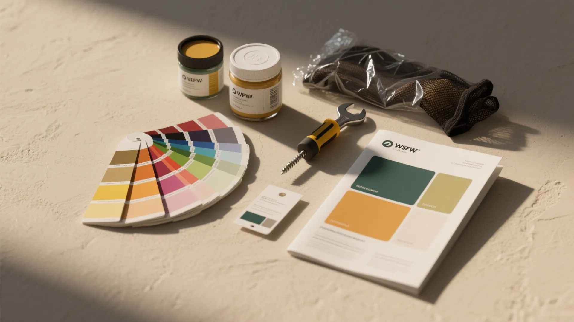 Interior design tools including color swatches paint jars a small wrench and a design booklet