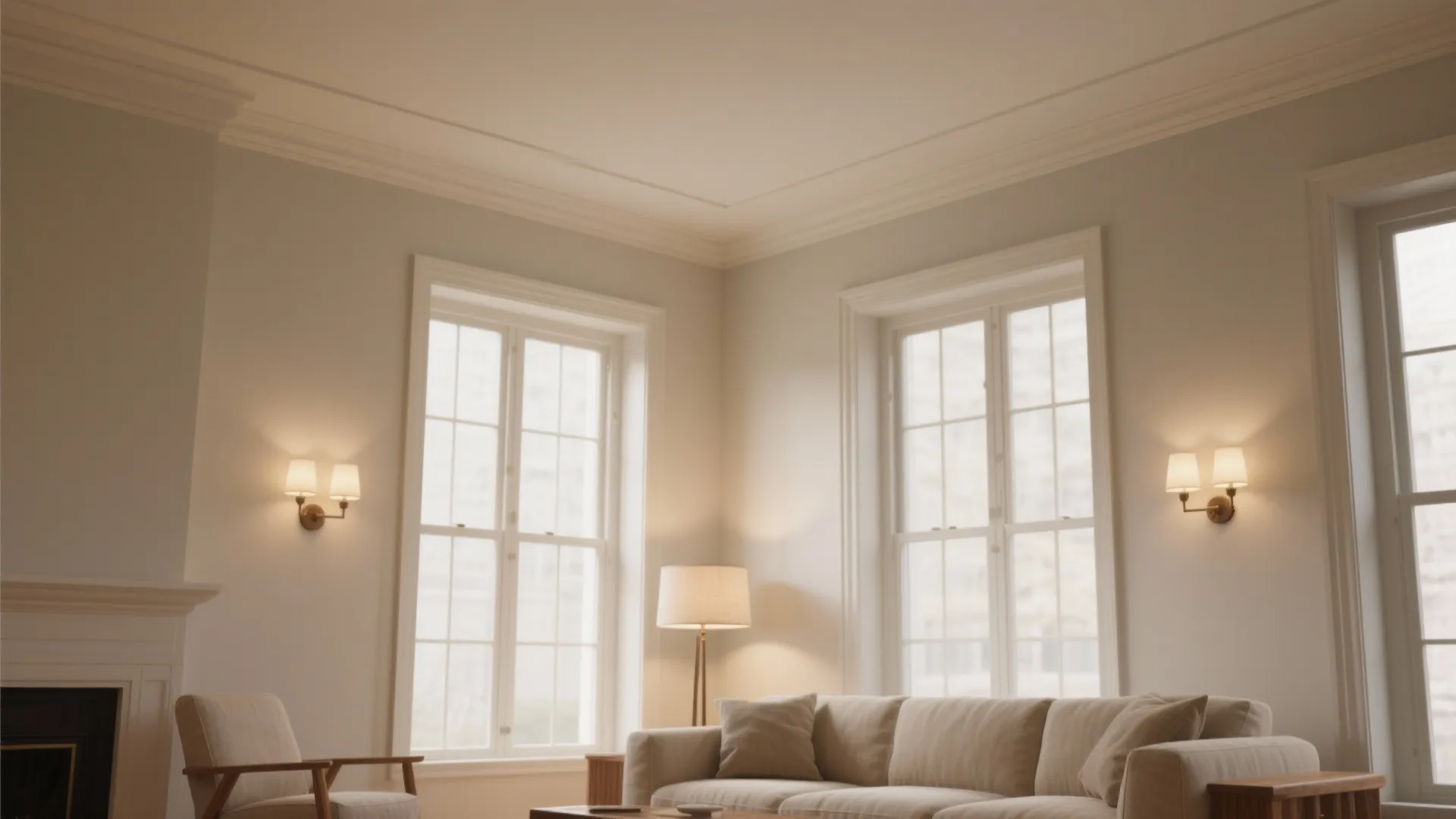 Neutral living room with a subtly tinted ceiling that visually lifts and balances the space.