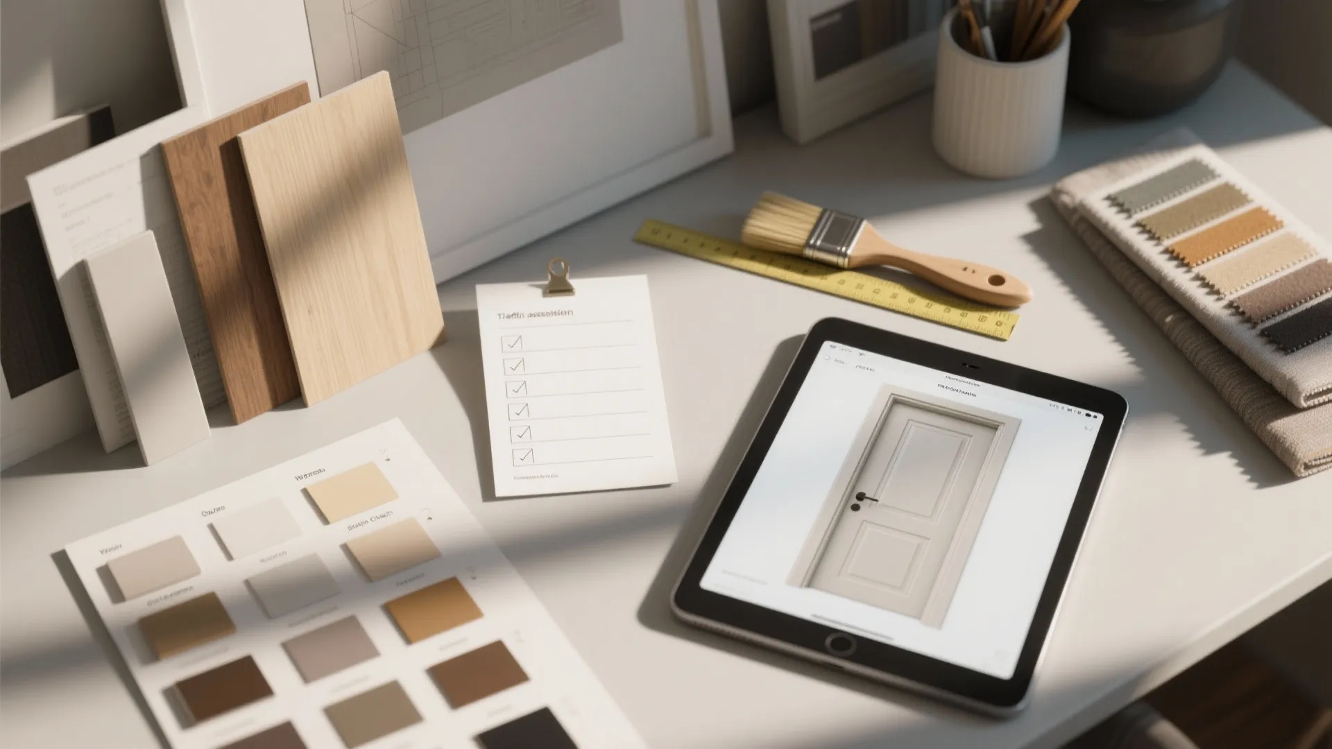 Interior design planning desk with wood samples, checklist, tablet showing a door, and color swatches