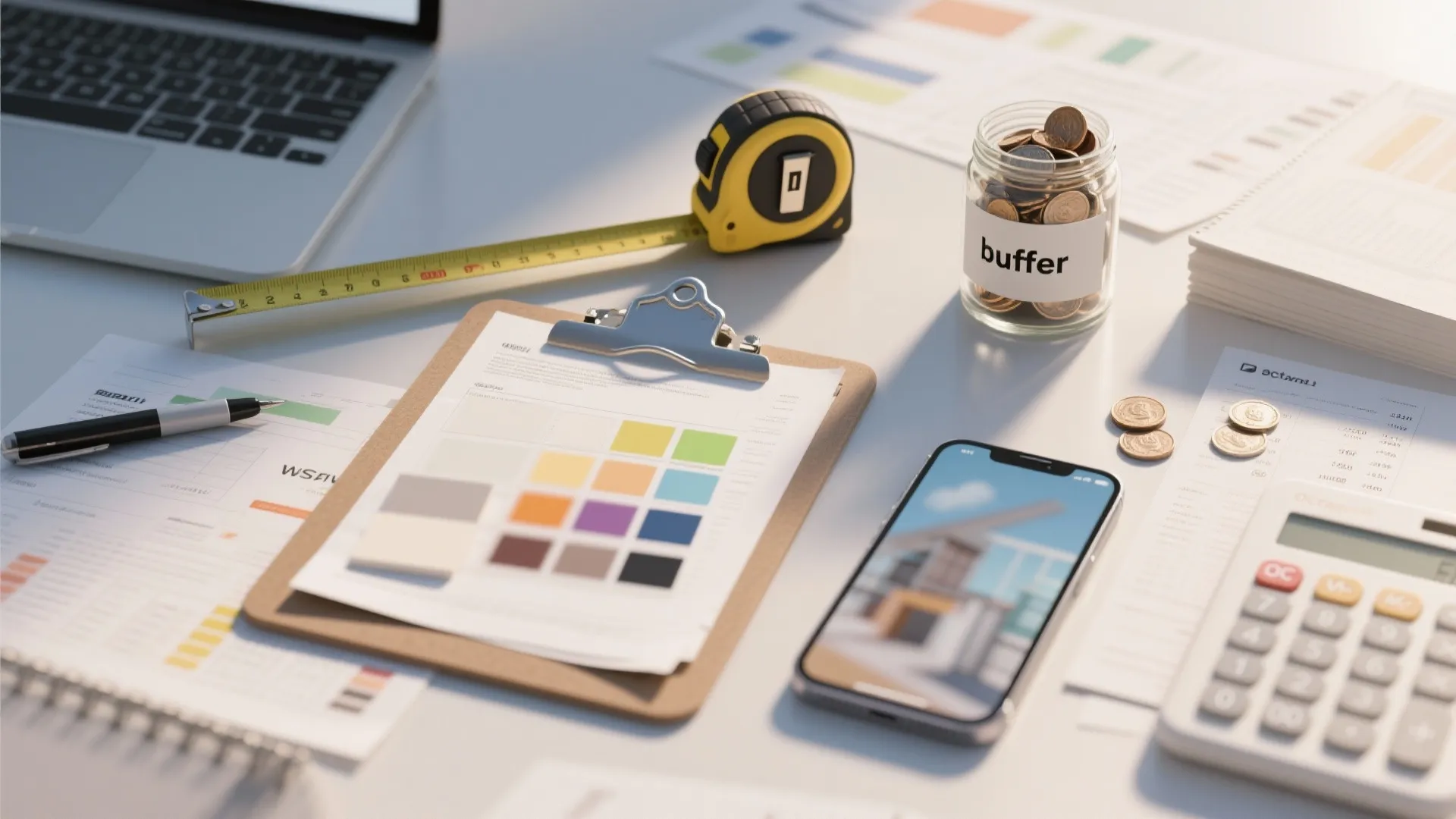 Desk with color swatches measuring tape calculator phone and glass jar for saving renovation money