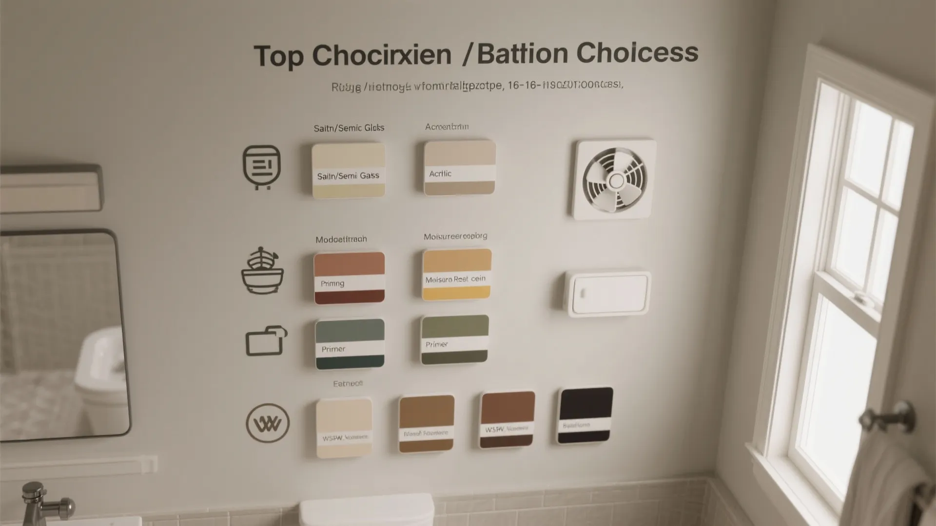 Interior wall displaying various paint color swatches next to a white exhaust fan and window