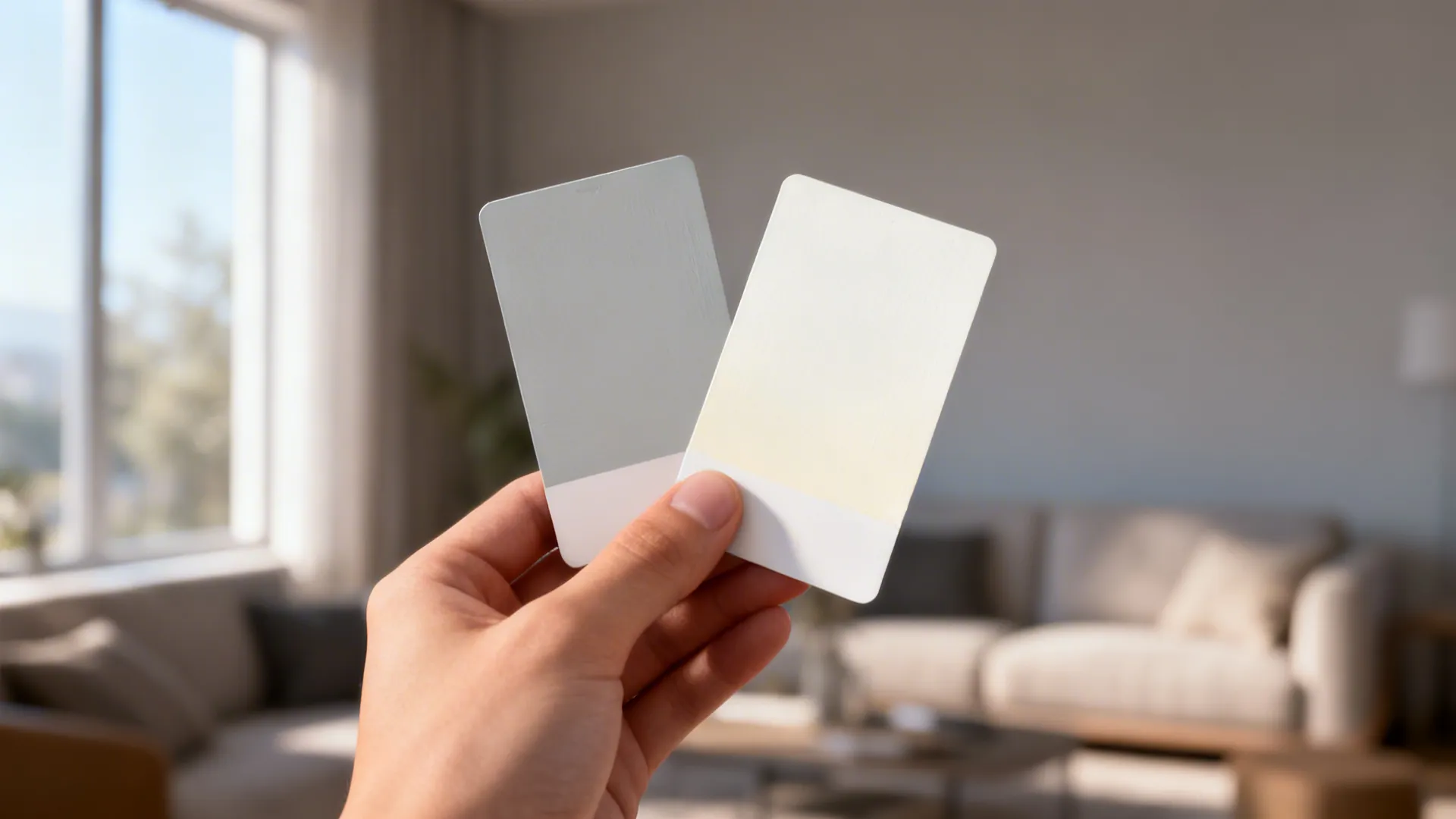 Hand holding grey and white paint chips near a window to compare undertones in daylight.