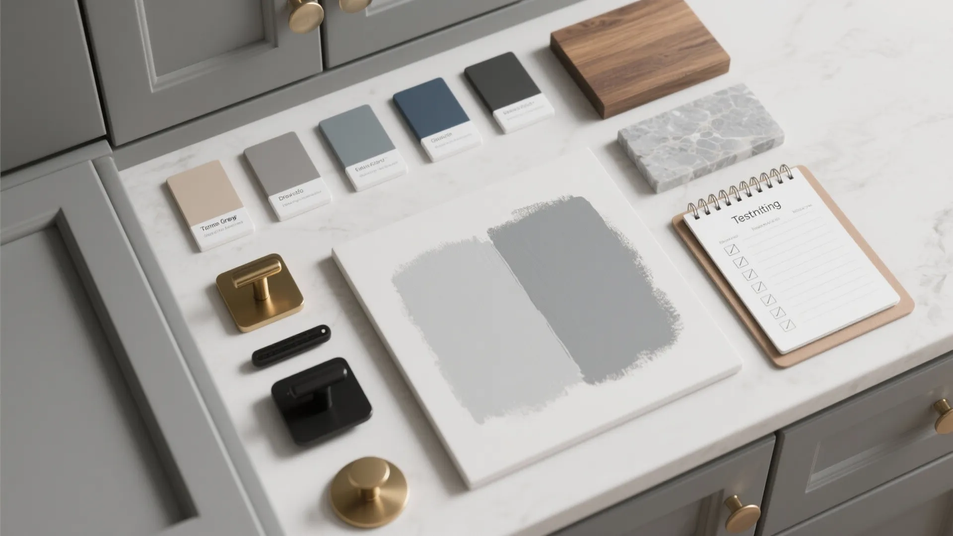 Flatlay of five gray paint chips, hardware samples, and countertop swatches for cabinet selection.