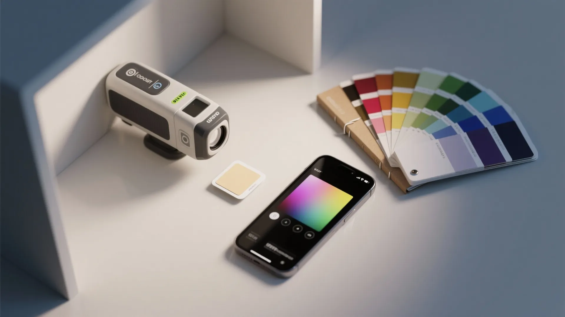 Top-down view of a 1x1 paint chip, spectrophotometer and DIY chip book for color matching.