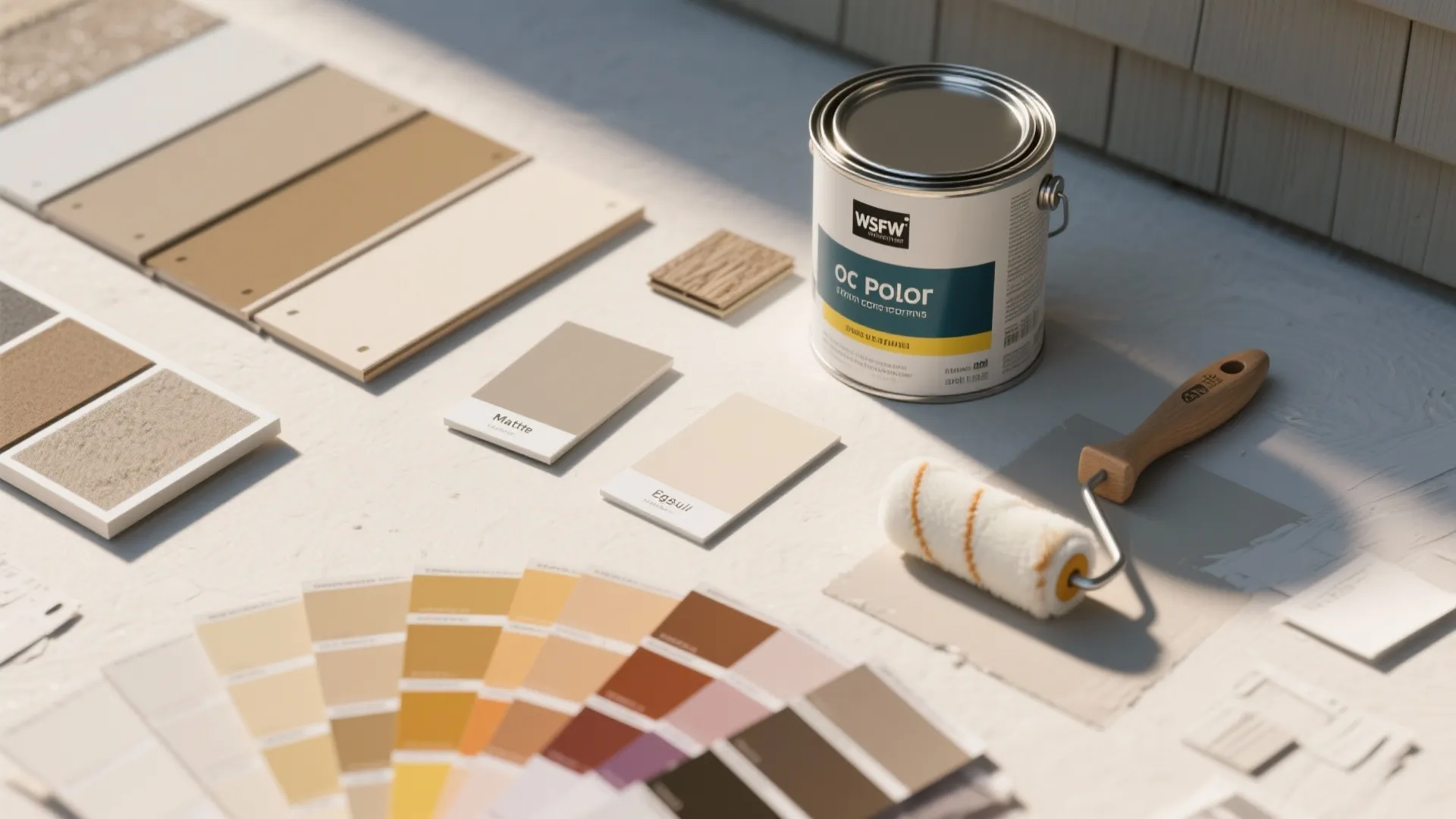 Exterior paint can with color swatches paint roller and sample boards on a white surface