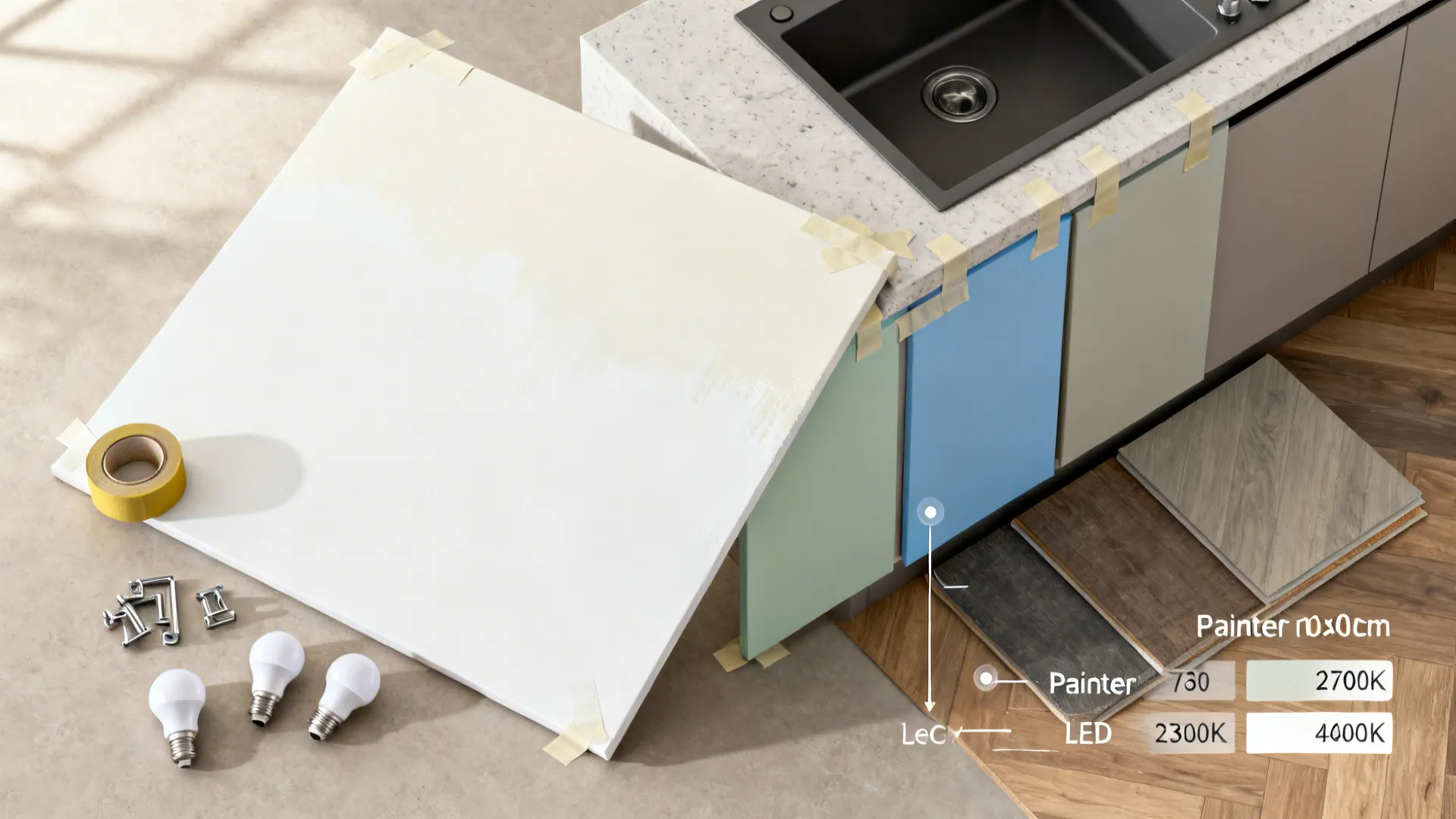 Top-down view of large paint samples with bulbs and material swatches for testing.