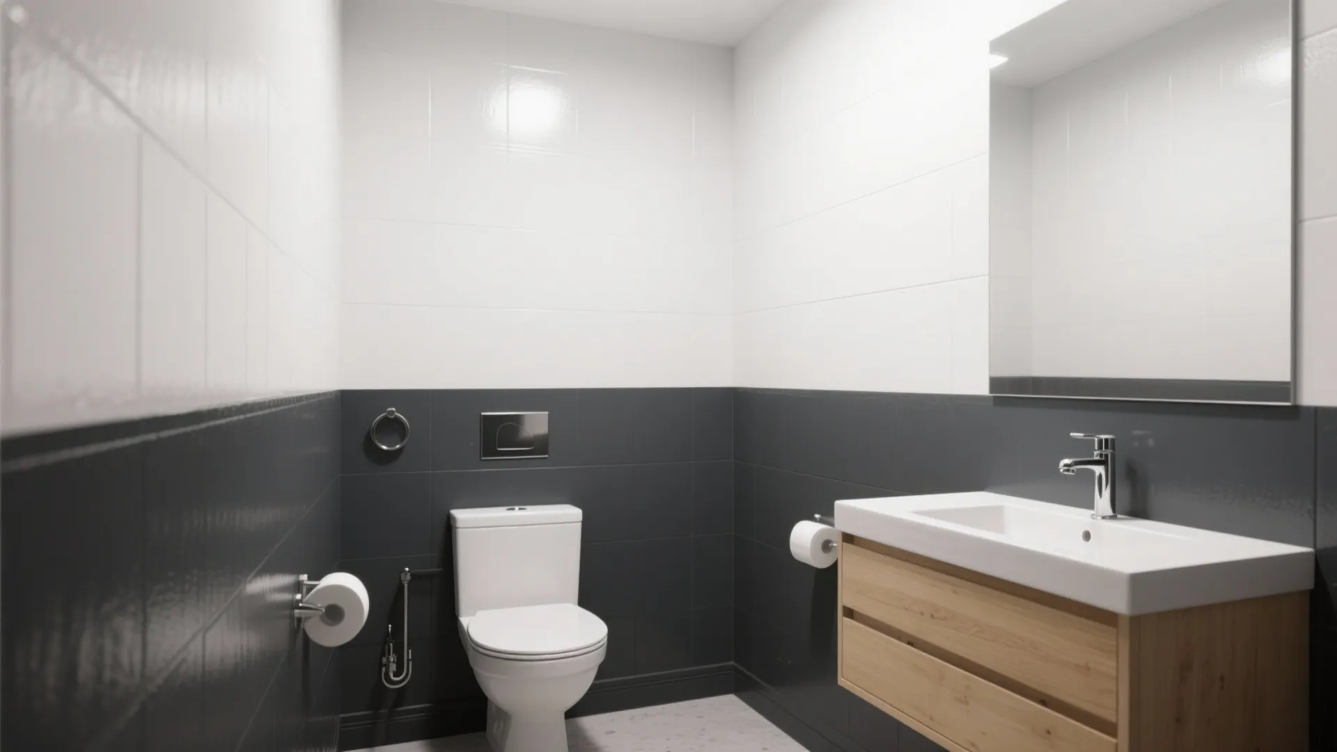 Minimalist bathroom design with dark grey lower wall panels white upper walls and wooden cabinet