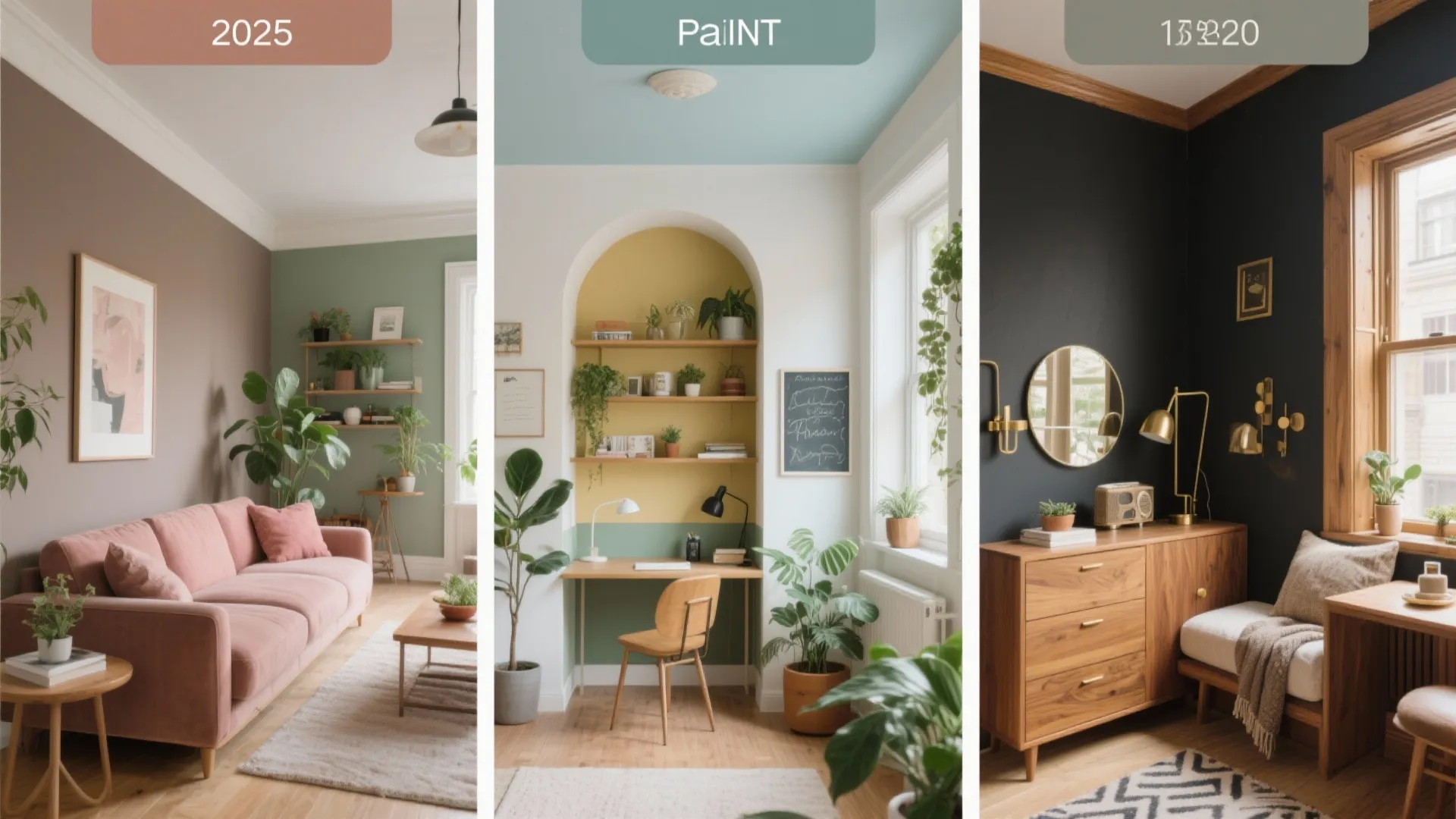 Three interior design examples showing different wall paint colors for living rooms and home offices