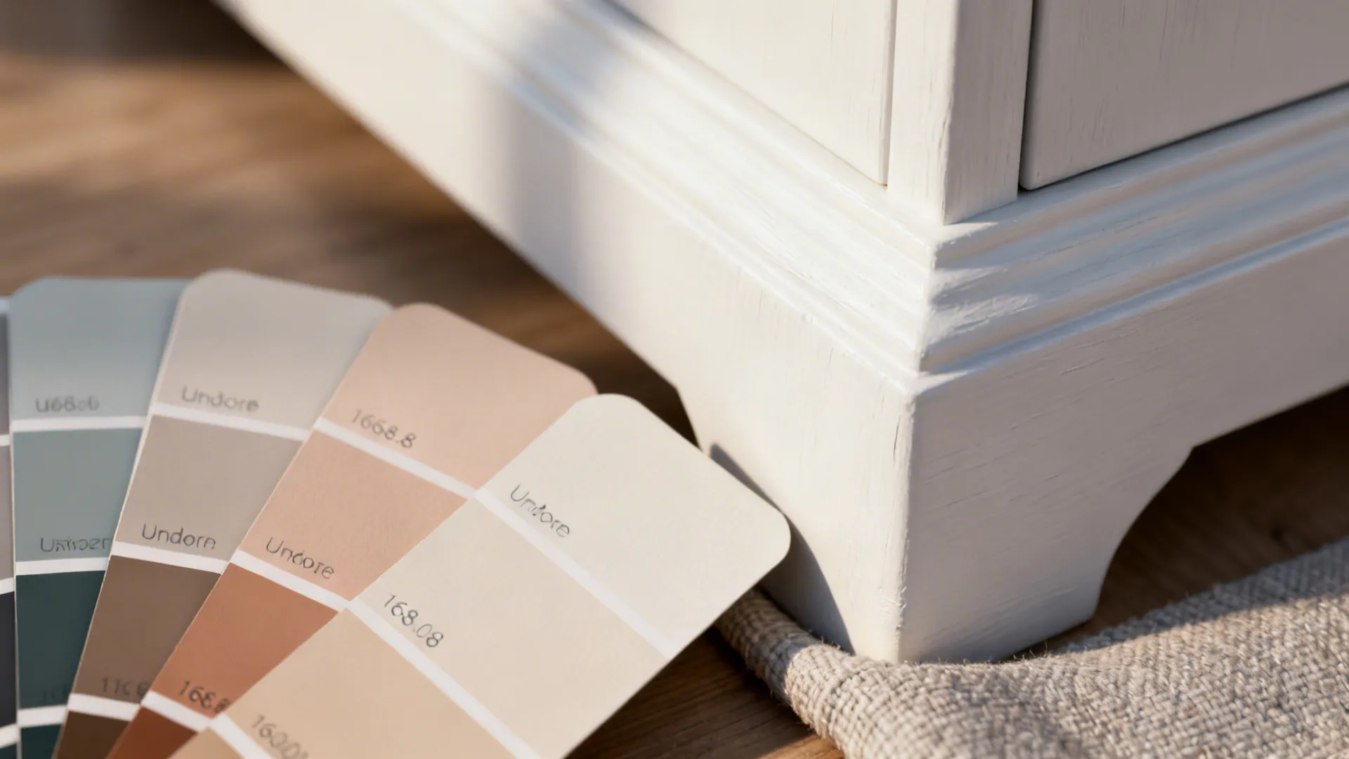 Various paint color swatches in beige tones next to a white painted wooden cabinet base