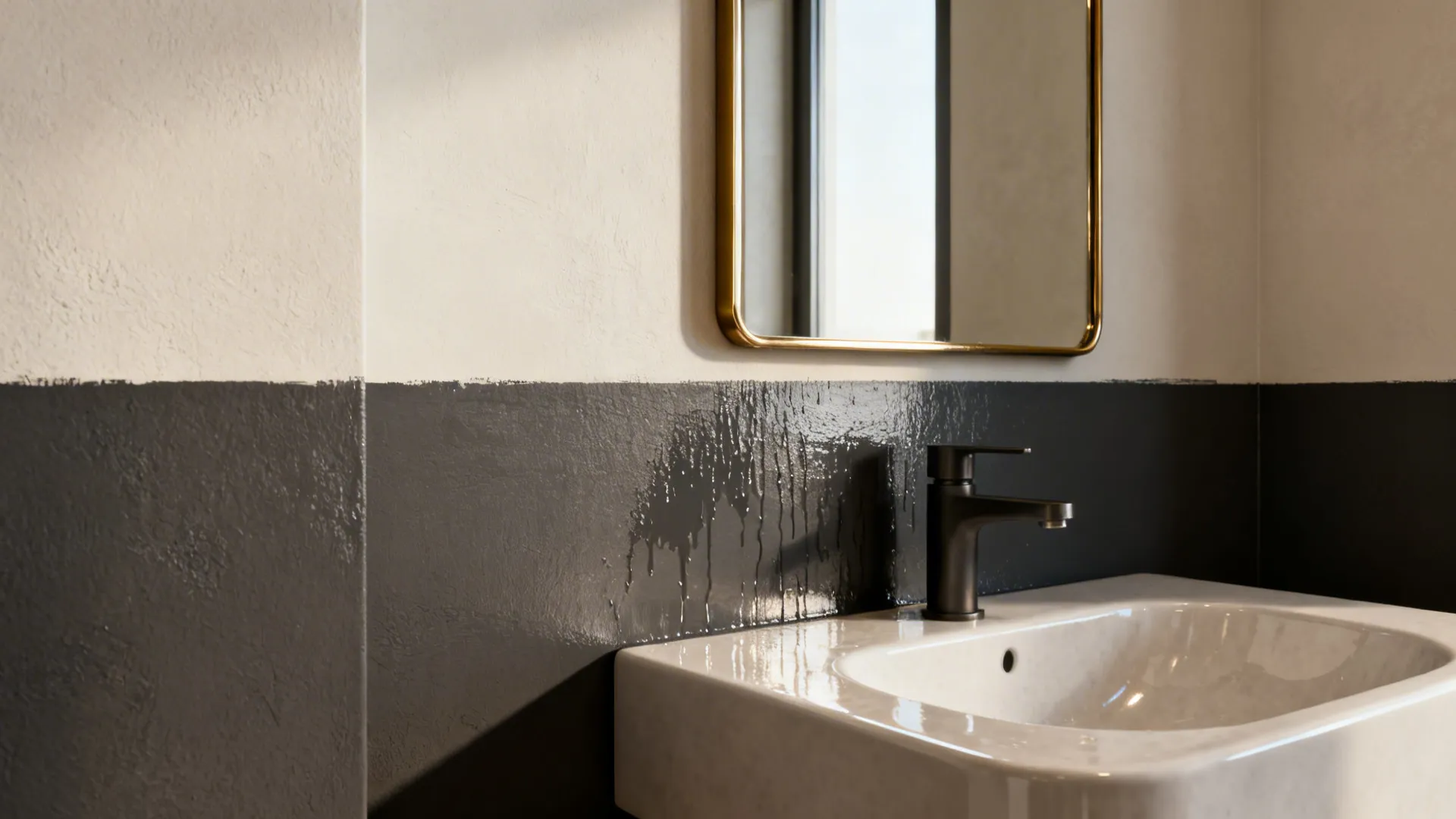 Vanity wall showing light paint with darker accent above mirror and semi-gloss sheen