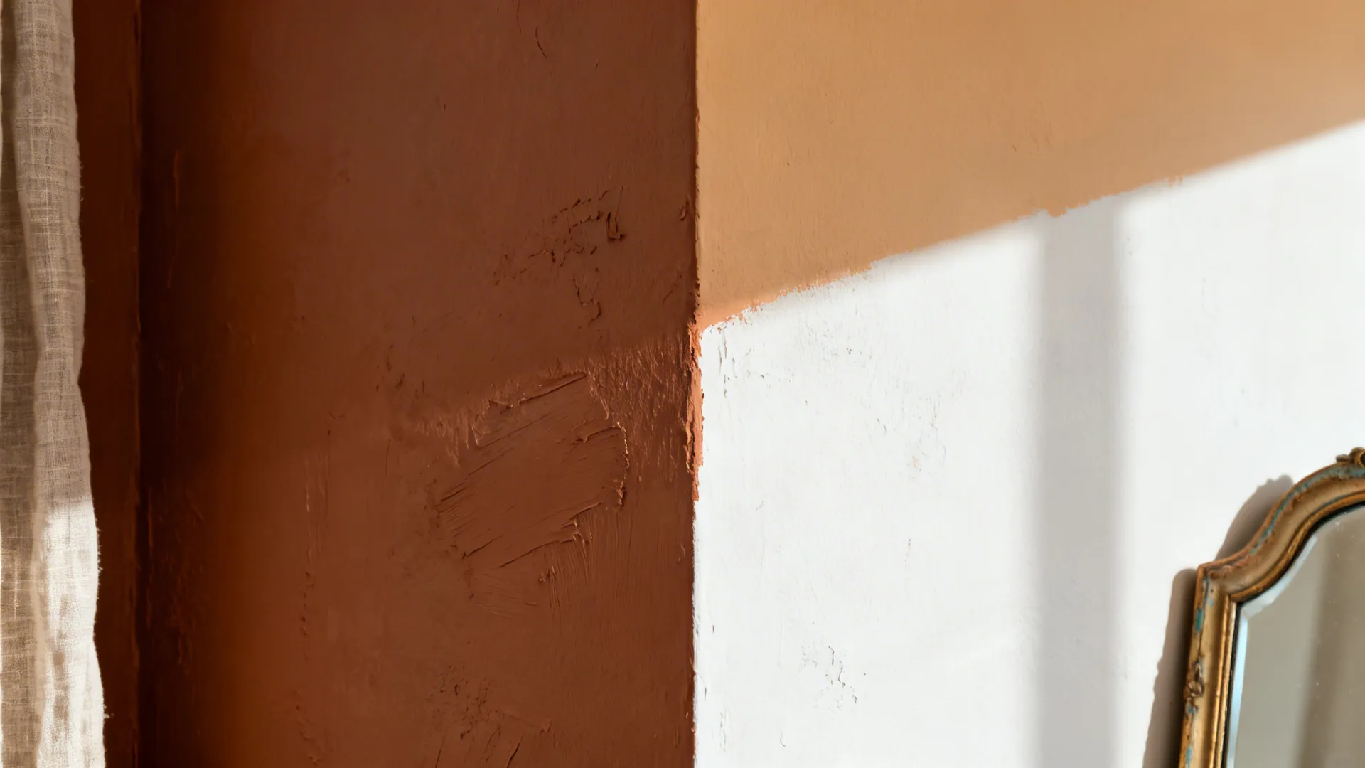 Close-up of clay accent wall meeting warm white paint with crisp edge and matte texture.