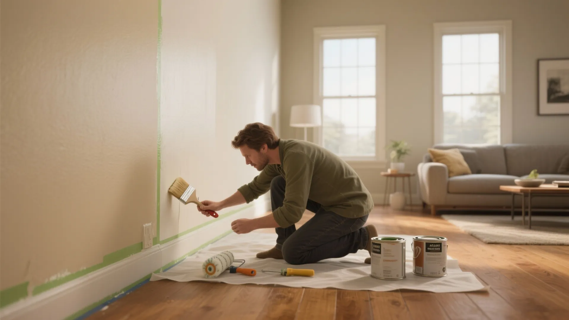 Man kneeling on floor painting wall corners with brush near paint cans in a living room