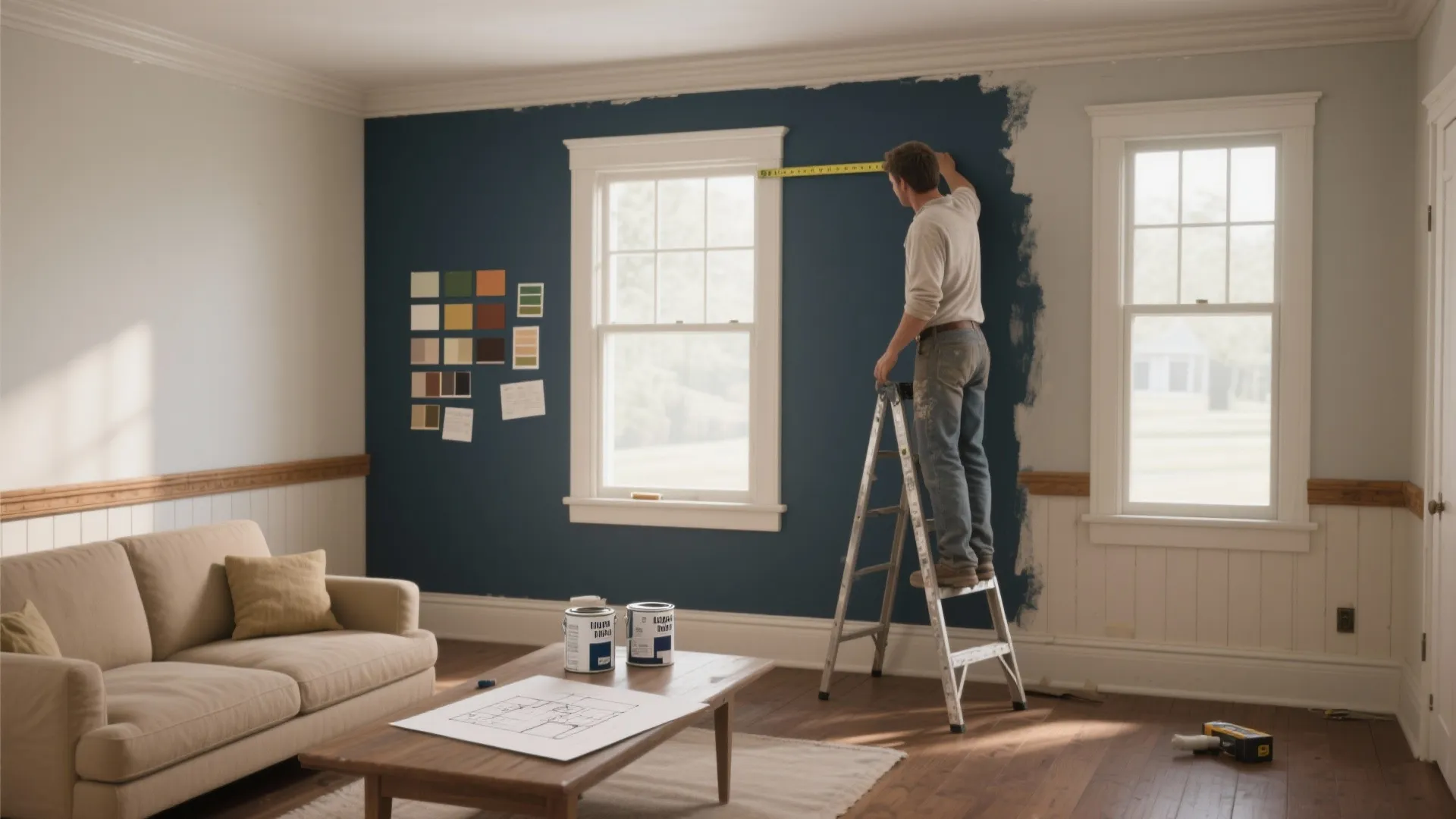 Man standing on ladder measuring blue wall next to windows in living room with sofa