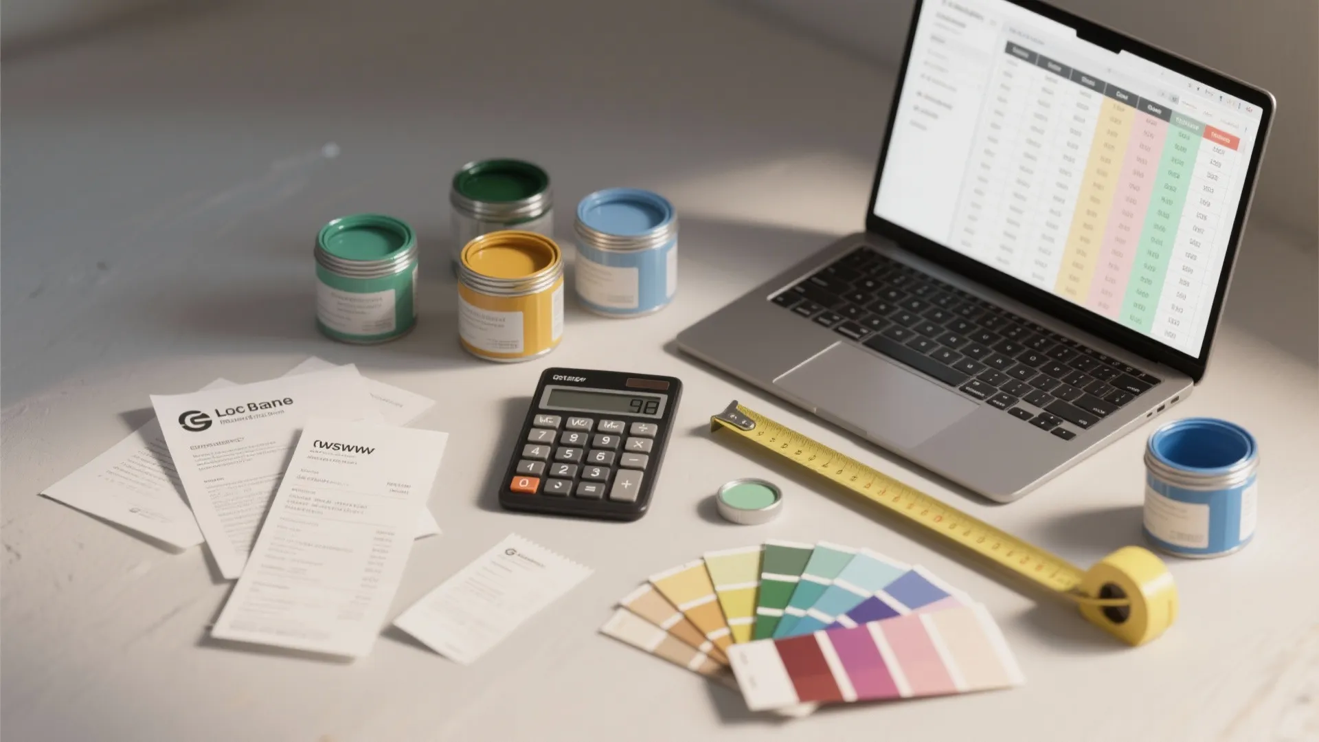 Laptop showing cost spreadsheet next to paint cans, calculator, tape measure, and colorful paint swatches