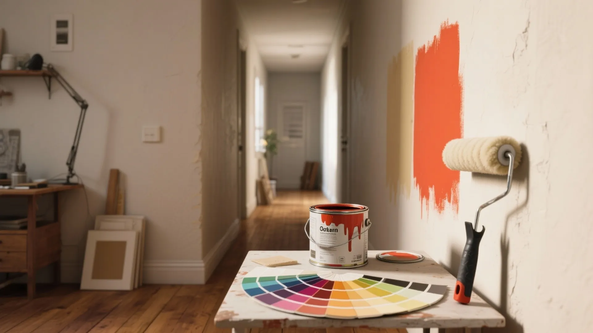 Open paint can and color palette on table with paint roller and wall paint samples