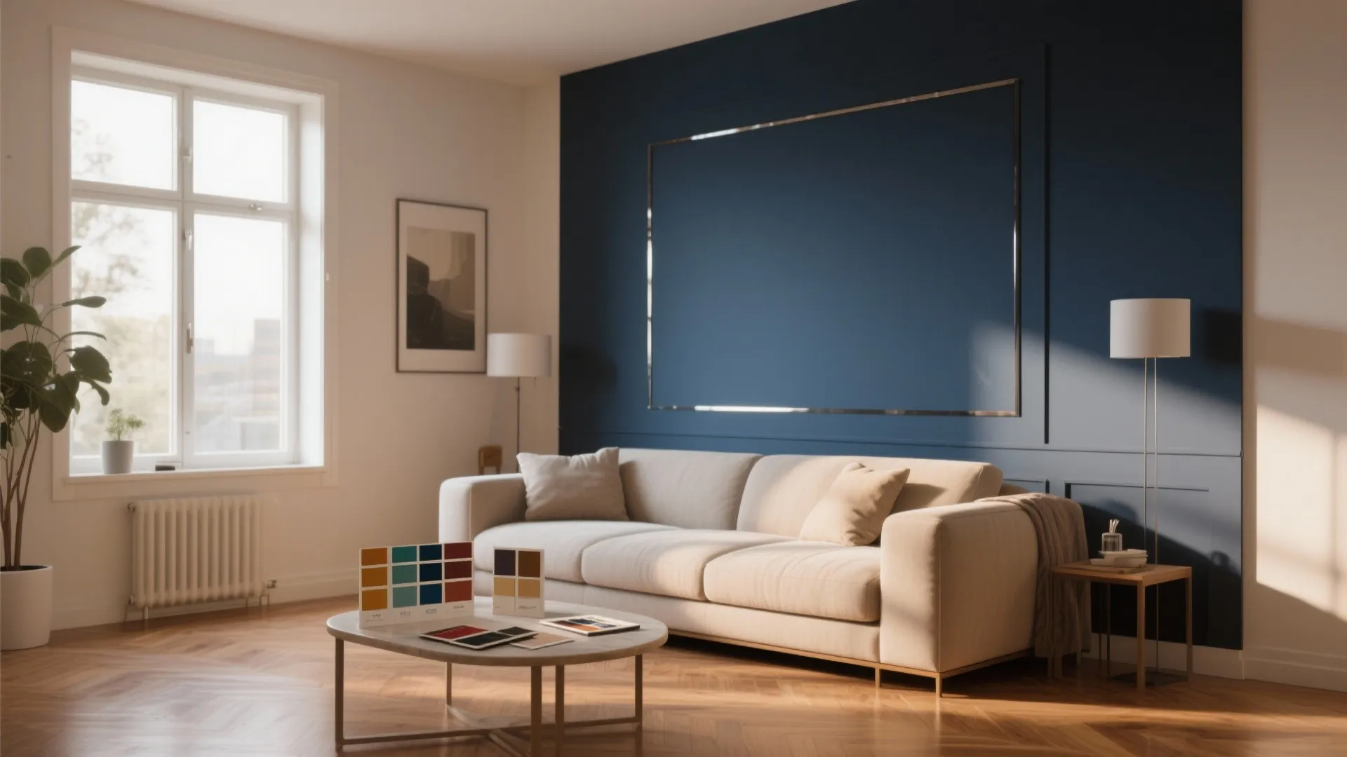 Modern living room featuring a dark blue accent wall white sofa and color palette swatches