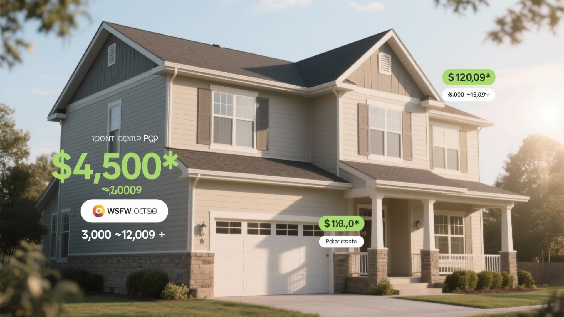 Two story house exterior with price tags showing painting cost estimates for different home sections