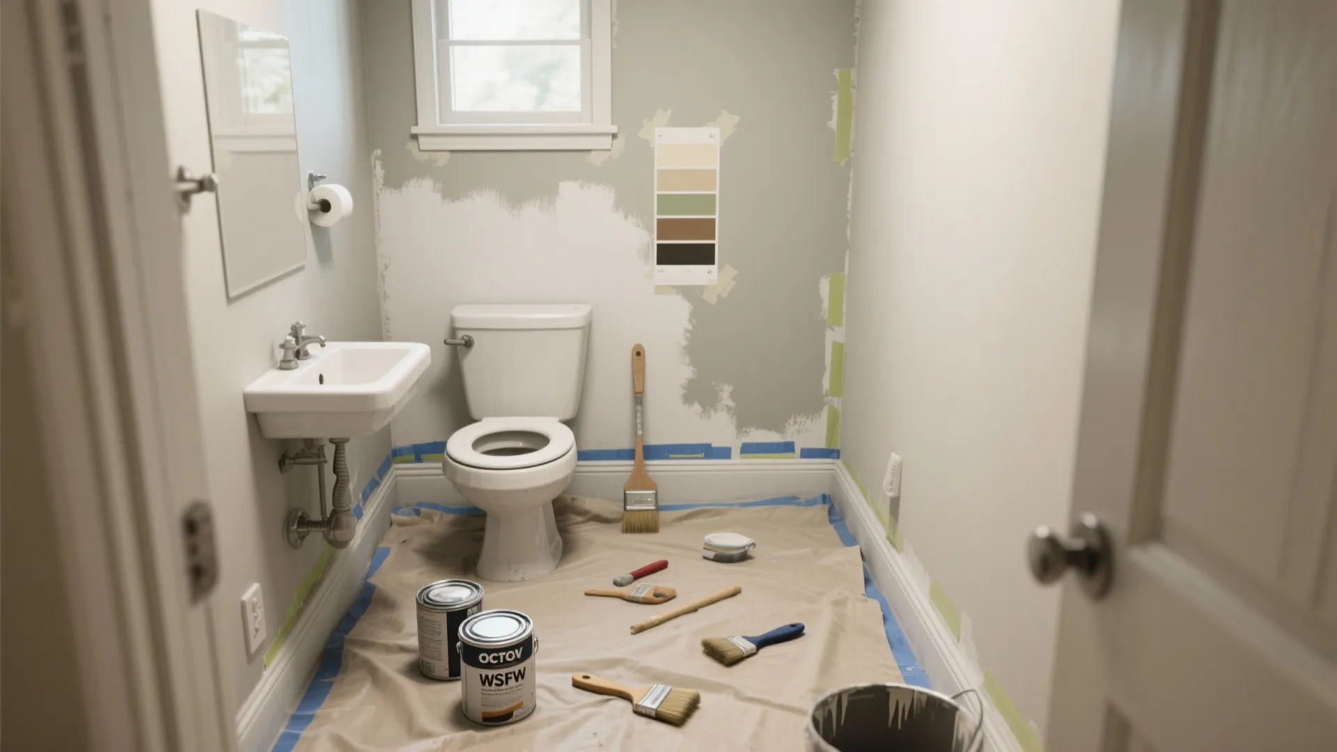 Small bathroom repaint setup with paint cans, brushes, and taped trim showing typical prep and material costs