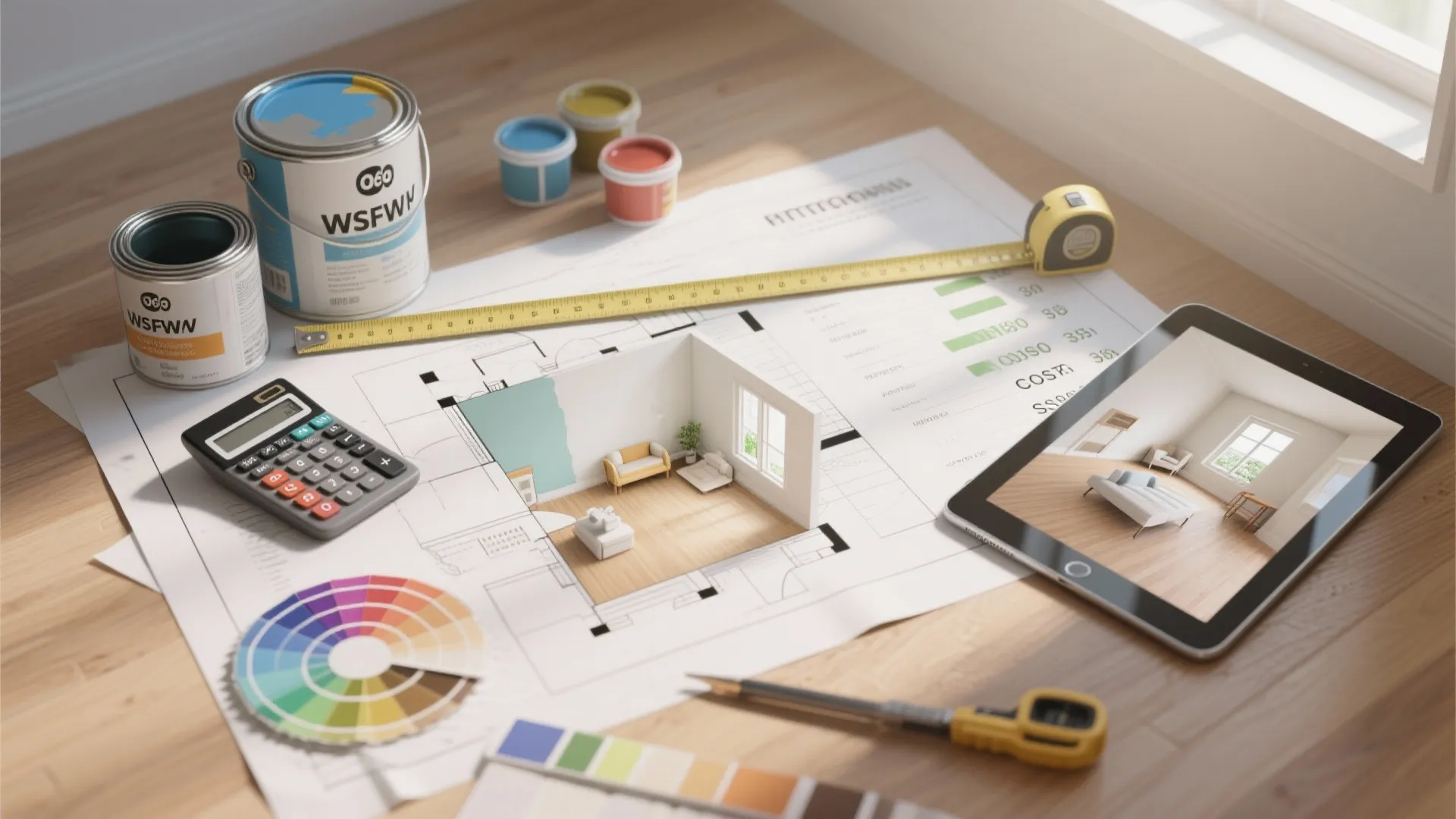 Top-down view of a room floor plan, calculator, paint samples and a tablet with a 3D render illustrating paint cost planning.