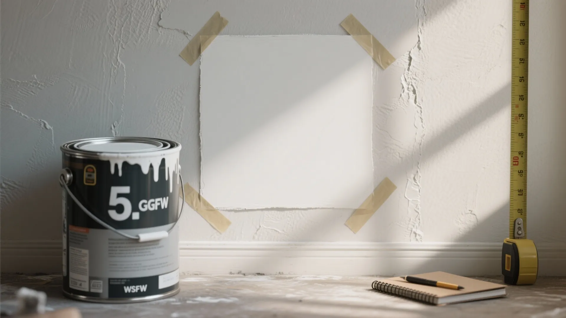 A paint can on the floor next to a white wall sample and measuring tape