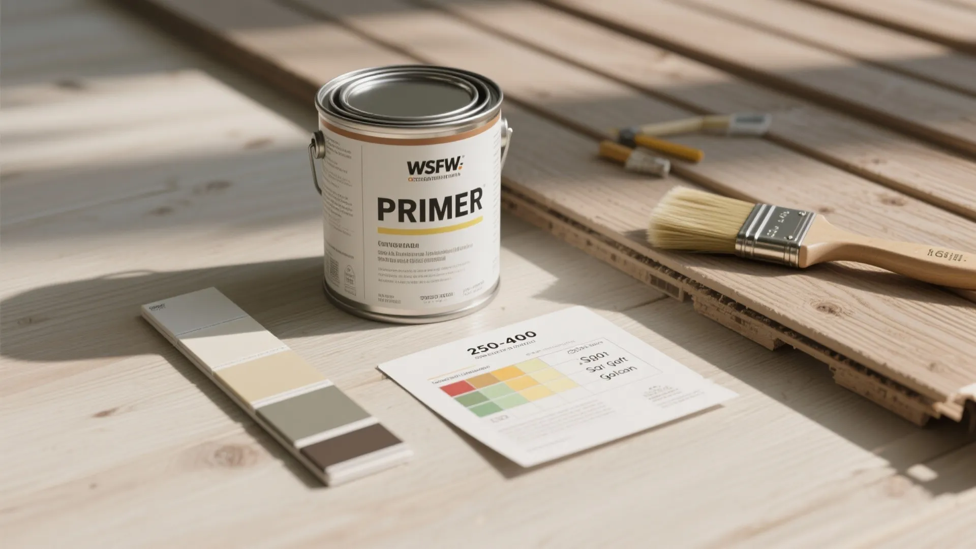Flatlay of paint cans, primer can, color swatches and a coverage chart card on a wooden table.