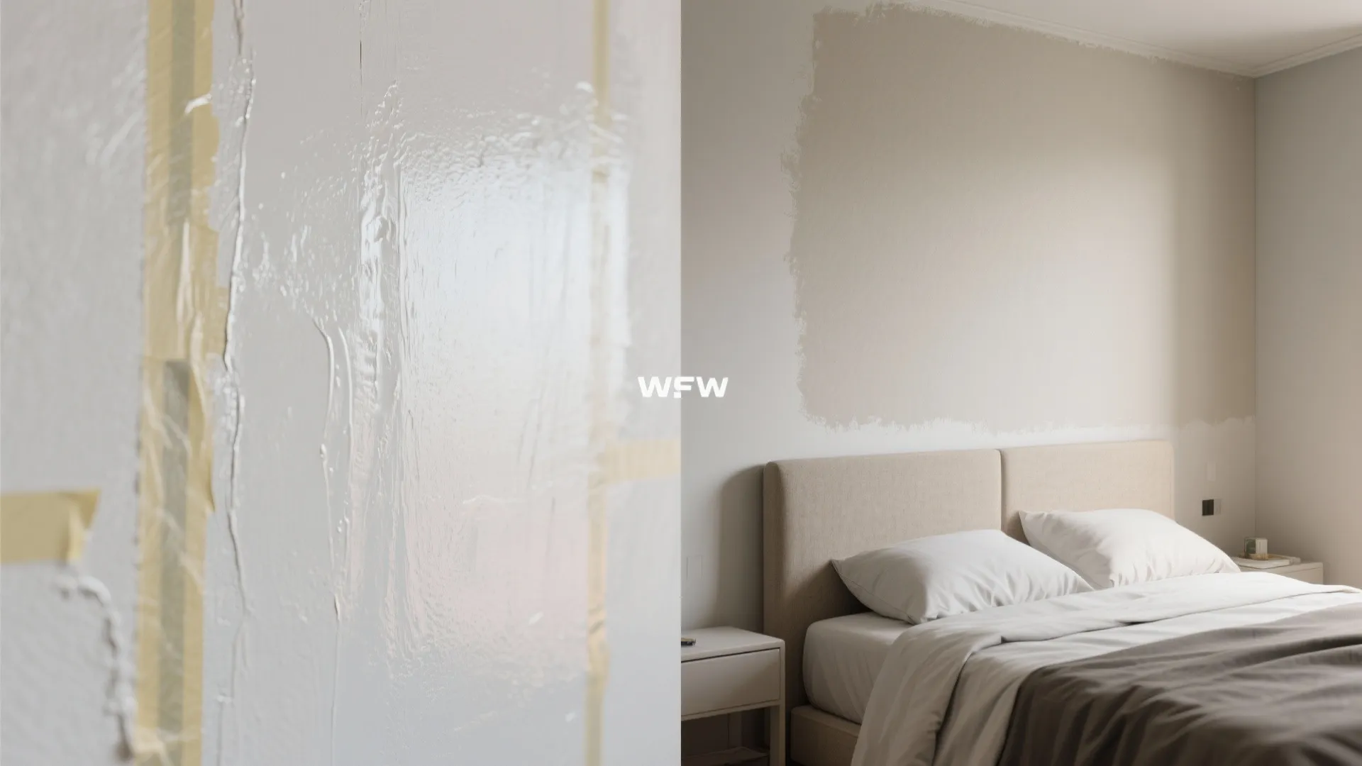 Close up of wet white paint on wall next to a bedroom with beige headboard