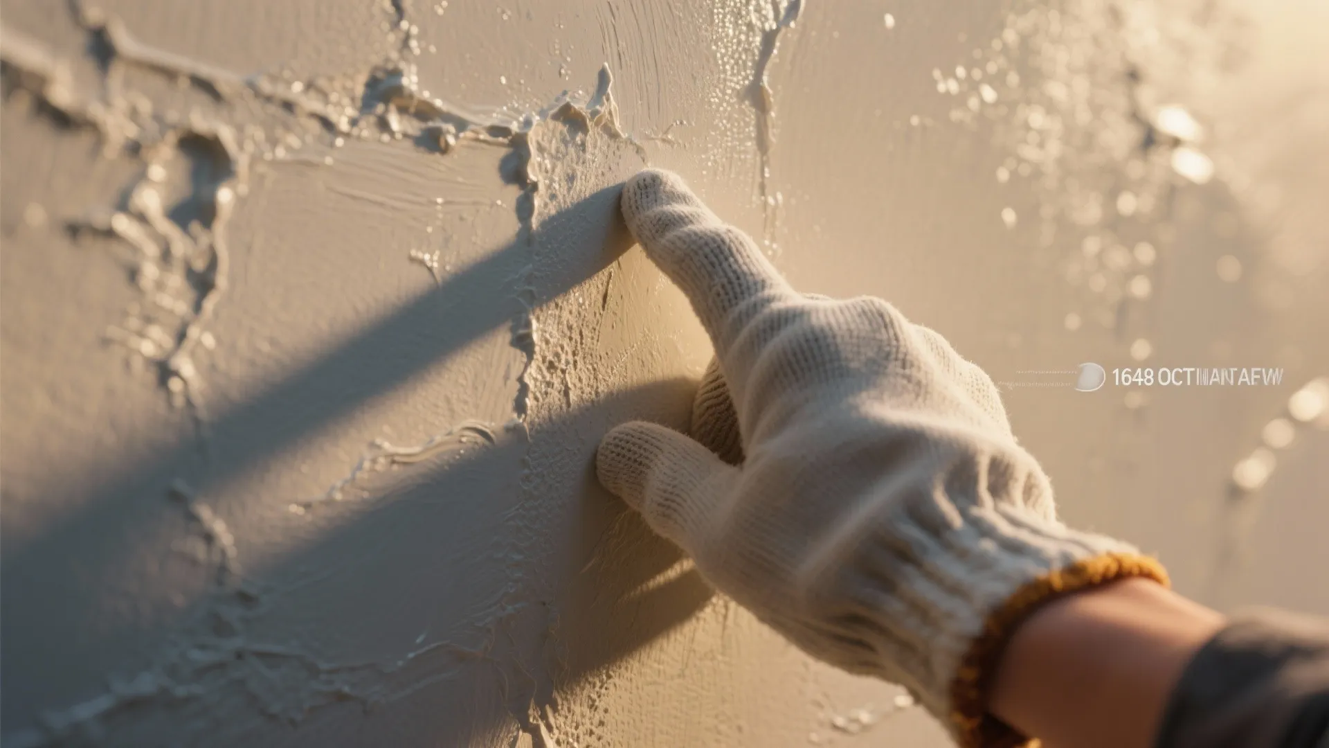 Person wearing white glove touching wet white paint texture on interior wall under warm light