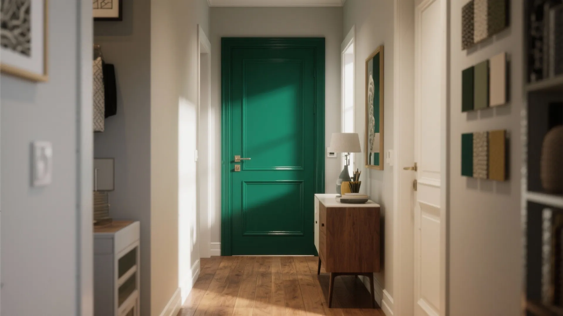 Apartment hallway with a deep emerald painted door acting as an accent, layered decor and warm wood flooring