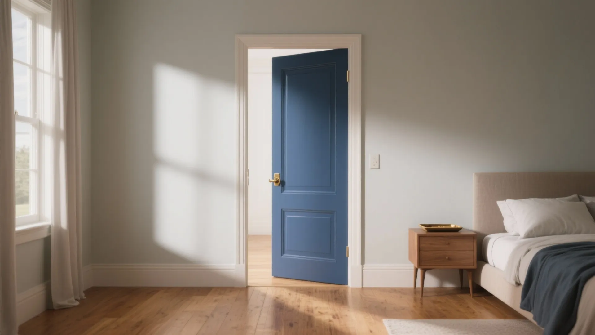 Modern bedroom with grey walls and wood floor featuring an open bright blue interior door