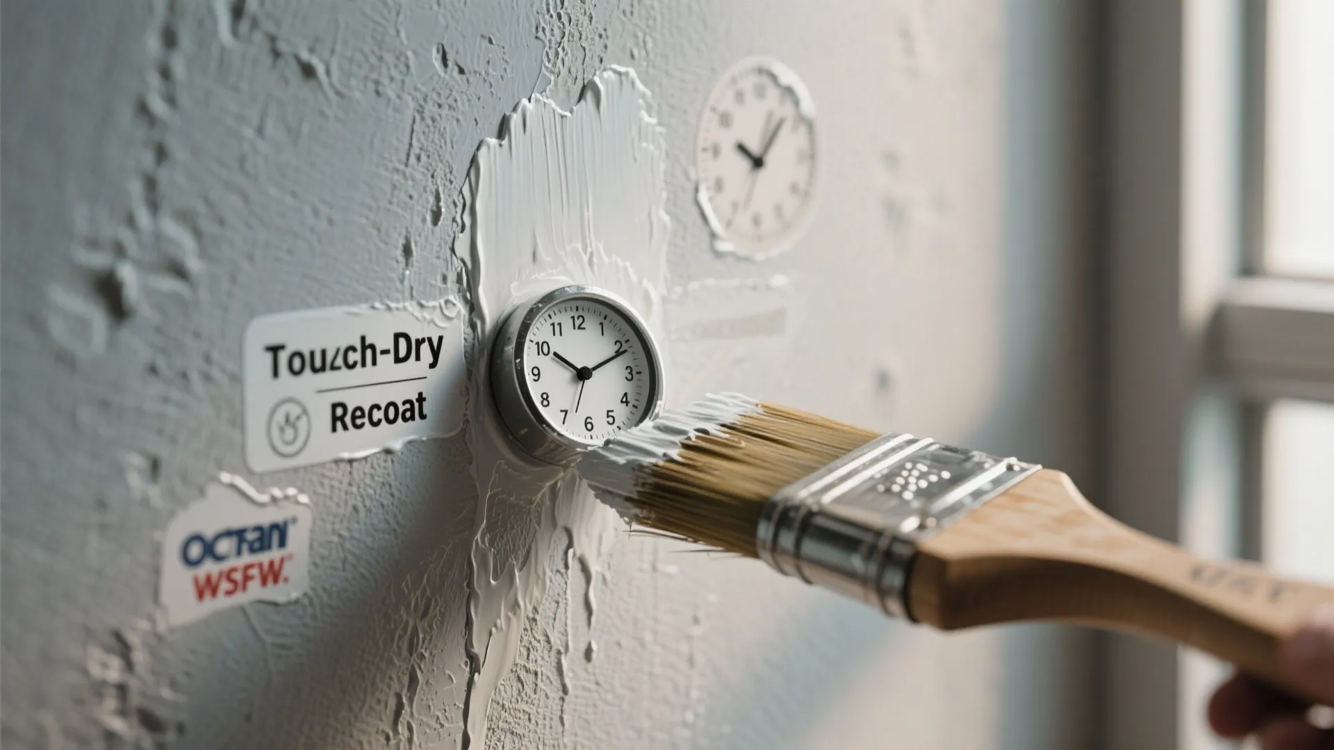 Hand using a brush to apply white paint on a textured wall near a small clock