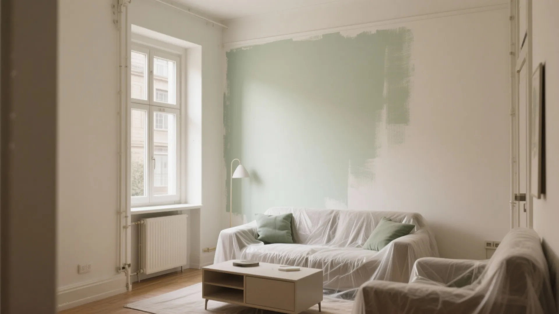 Living room with a partially painted green wall and furniture covered in white plastic sheets