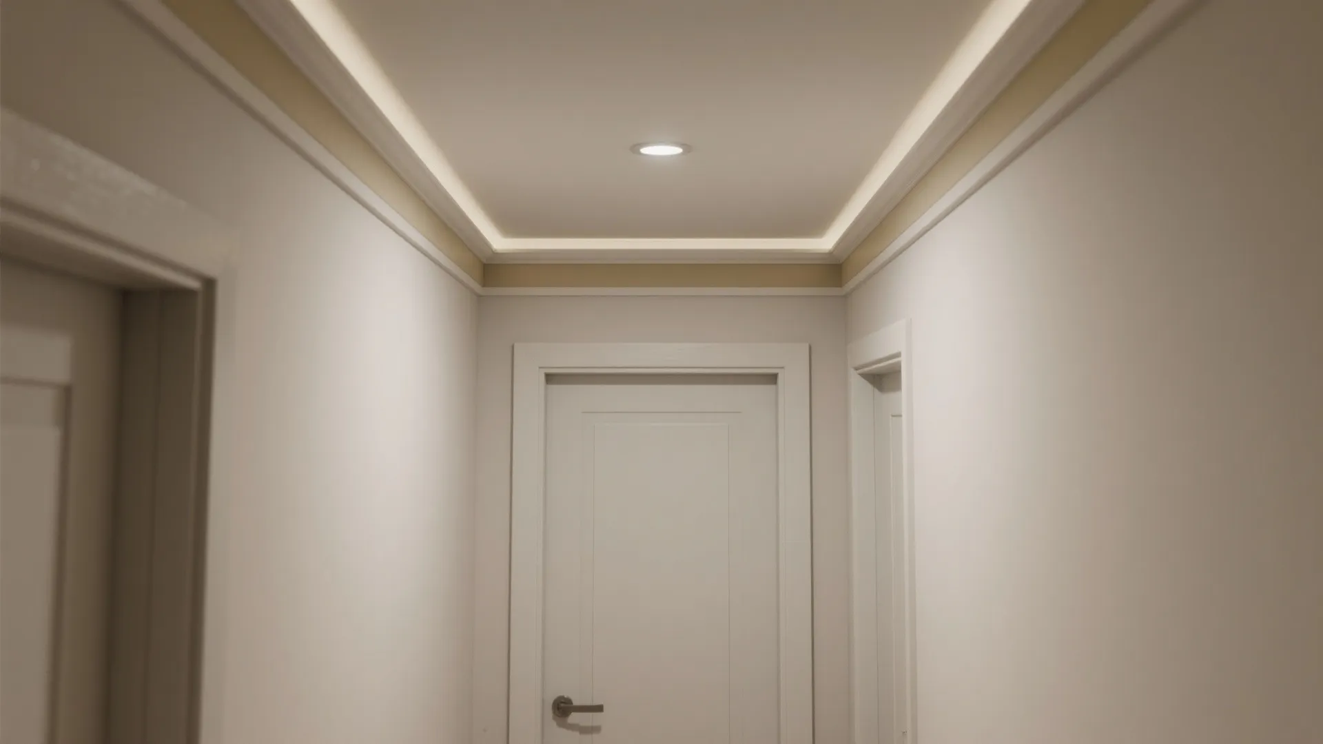 White hallway interior with a brown decorative wall band and warm glowing ceiling light fixture