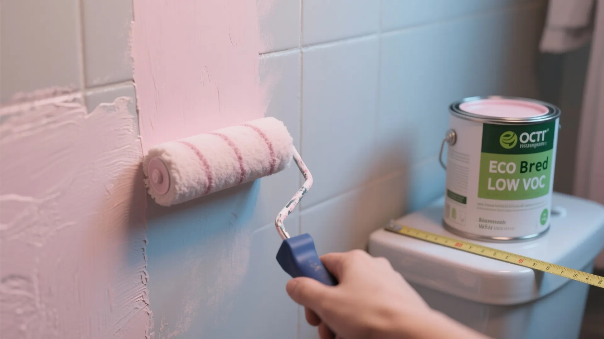 Close-up of applying muted blush paint next to an eco-friendly paint can