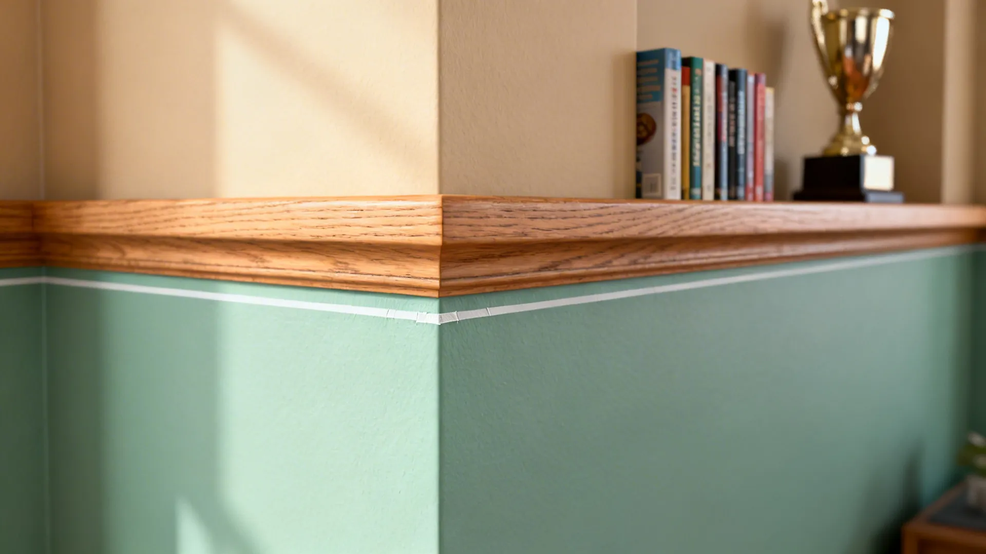 Macro of crisp paint line with oak ledge joining sage and oat tones in a kids room.